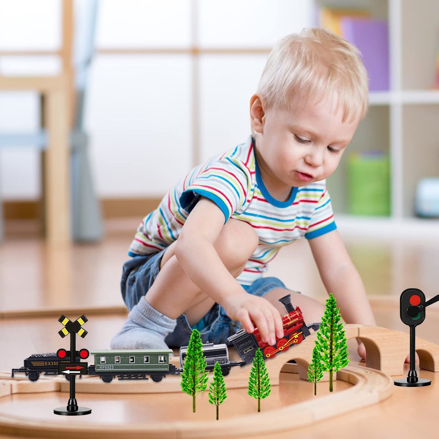 MEMOVAN Train Cake Toppers 13pcs Train Cake Decorations Mini Trains Toy Traffic Track Railway Lights Cake Topper Decorations for Boy's Kids Steam Trains Theme Birthday Party Supplies