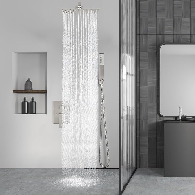 Aolemi Shower Faucet Set Rain Shower System with Handheld Spray Bathroom Shower Combo Rough-in Valve and Shower Trim Kit Included Brushed Nickel 12 Inch Wall Mount Shower Head