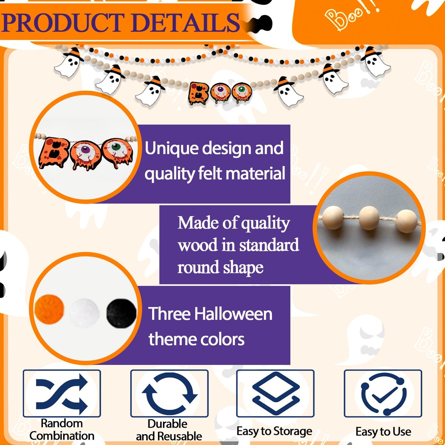 Felt Halloween Garland, 7.5Ft Boo Ghost Garland with Wooden Beads for Halloween Decorations, 2Pcs Cute Indoor Banner for Mantle Fireplace Indoor Home Party Decor