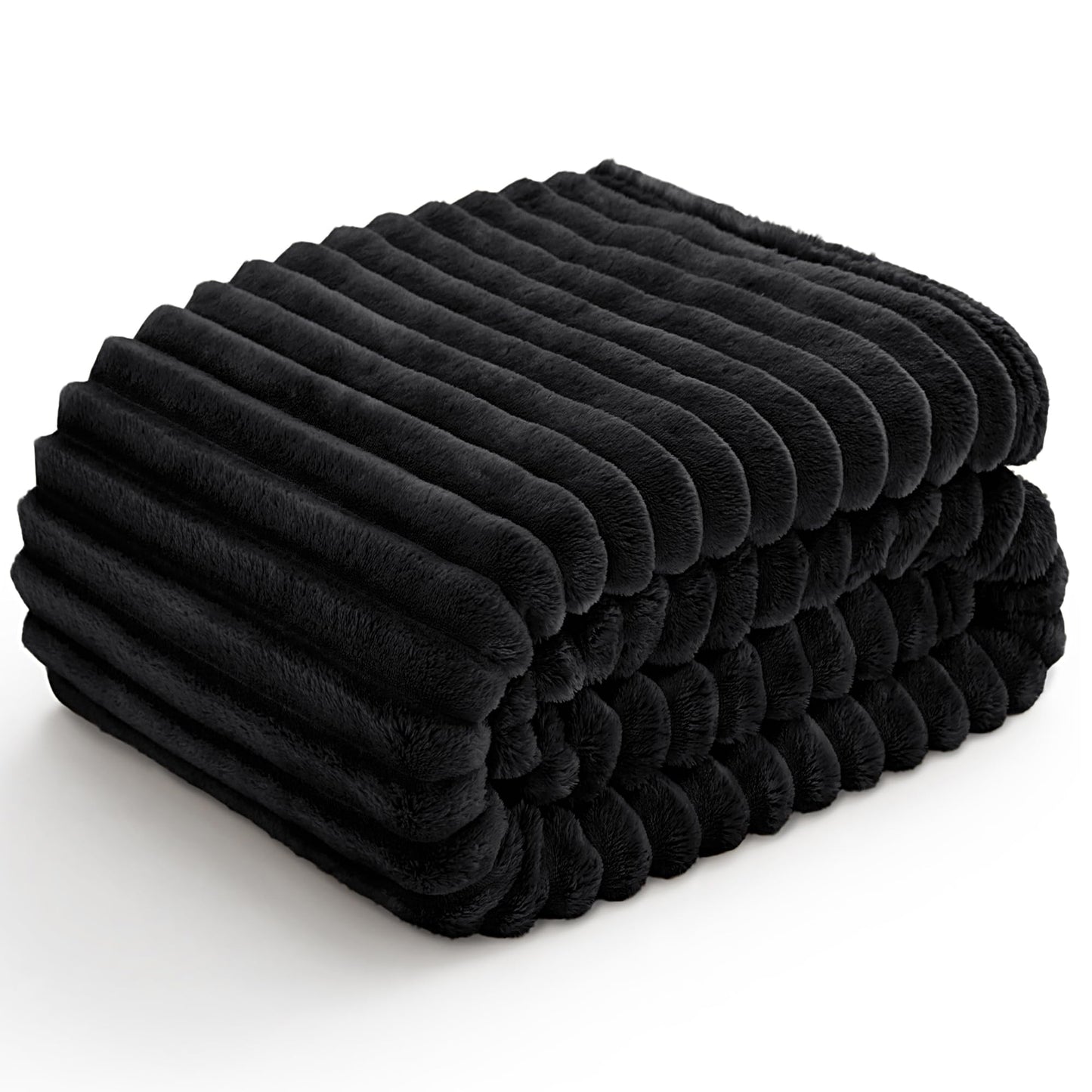 BEDELITE Fleece Black Throw Blanket for Couch - 300GSM Soft & Warm Fluffy Black Blanket, Decorative and Giftable Striped Blankets for Women, Men, 50"x60"