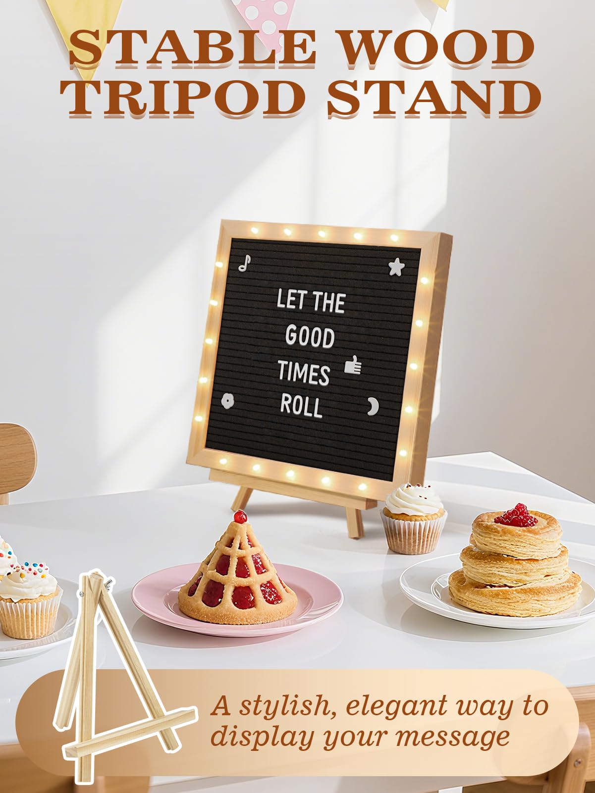 Changeable Felt Letter Board with LED Lights - 10×10" Message Custom Signs & Wood Stand& 450 Letters, Poster Board for Baby/Pregnancy Announcement/Classroom Wall Decor Gifts First Day of School, Black