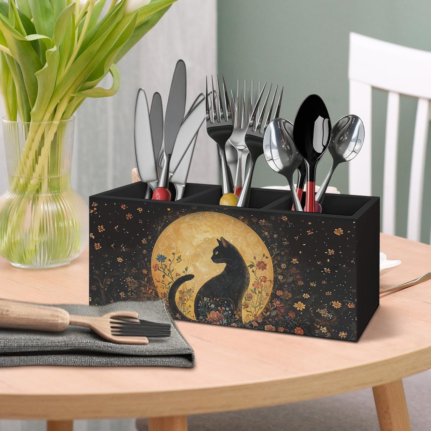 AQYIP Witchy Black Cat Pen Holder for Home Office Desk, Cat Lover Gifts, Witchy Moonlight Floral Black Cats Makeup Brush Toothbrush Holder Organizer for Bathroom Desk Accessories