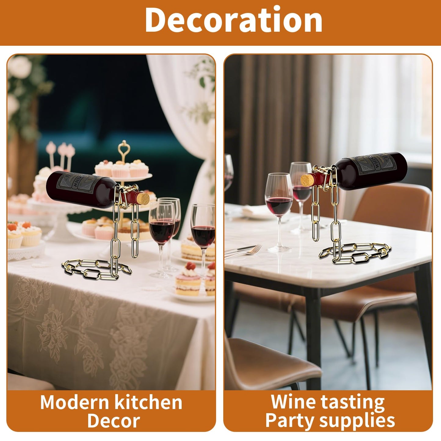 TBWHL Novelty Magic Wine Bottle Holder Floating Steel Link Chain Wine Bottle Rack/Holder - Holds Bottles in The Air, Unique Levitating Wine Bottle Stand for Home Bar, Kitchen, or Party Deco(Gold)