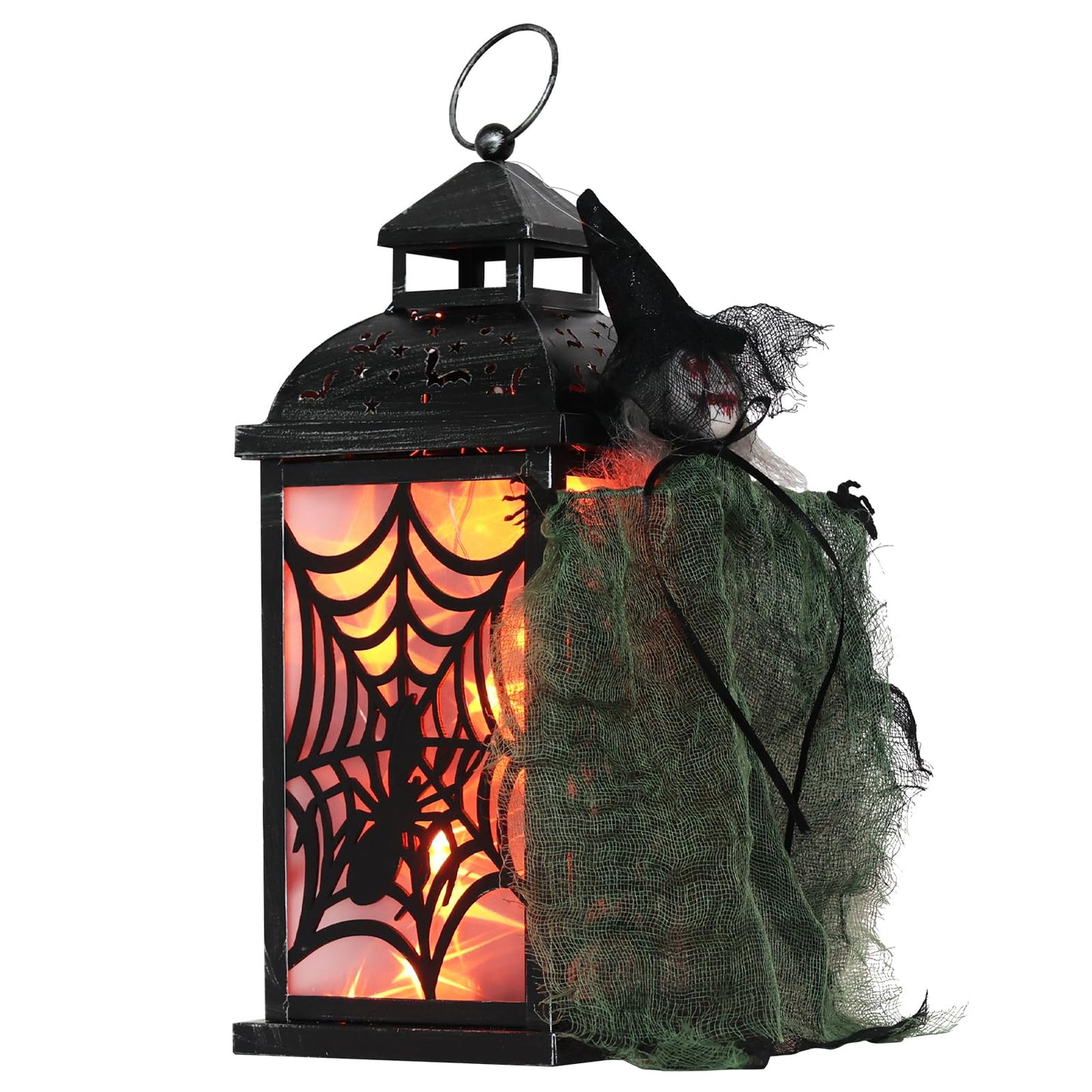 DECORKEY Halloween Decorations Indoor, 14.7" Spider Web Candle Glitter Lantern with LED Lights (8 Modes), Hanging Halloween Lanterns with Witch, Outdoor Home Room Table Party Hocus Pocus Decor