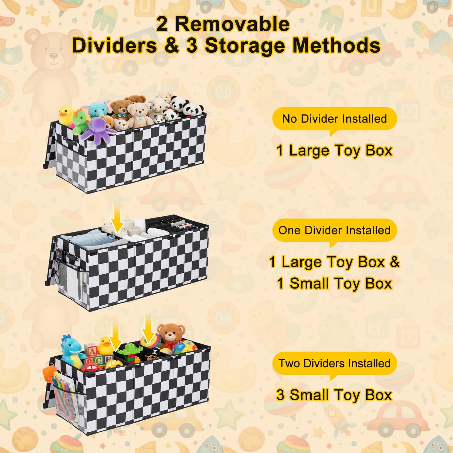 Youyole Extra Large Toy Box Checkered Monster Truck Toy Chest for Boy Girl Kid Collapsible Car Storage Organizer with Lid 40" x 16" x 16" Rectangular Checkered Basket for Living Room Playroom Nursery