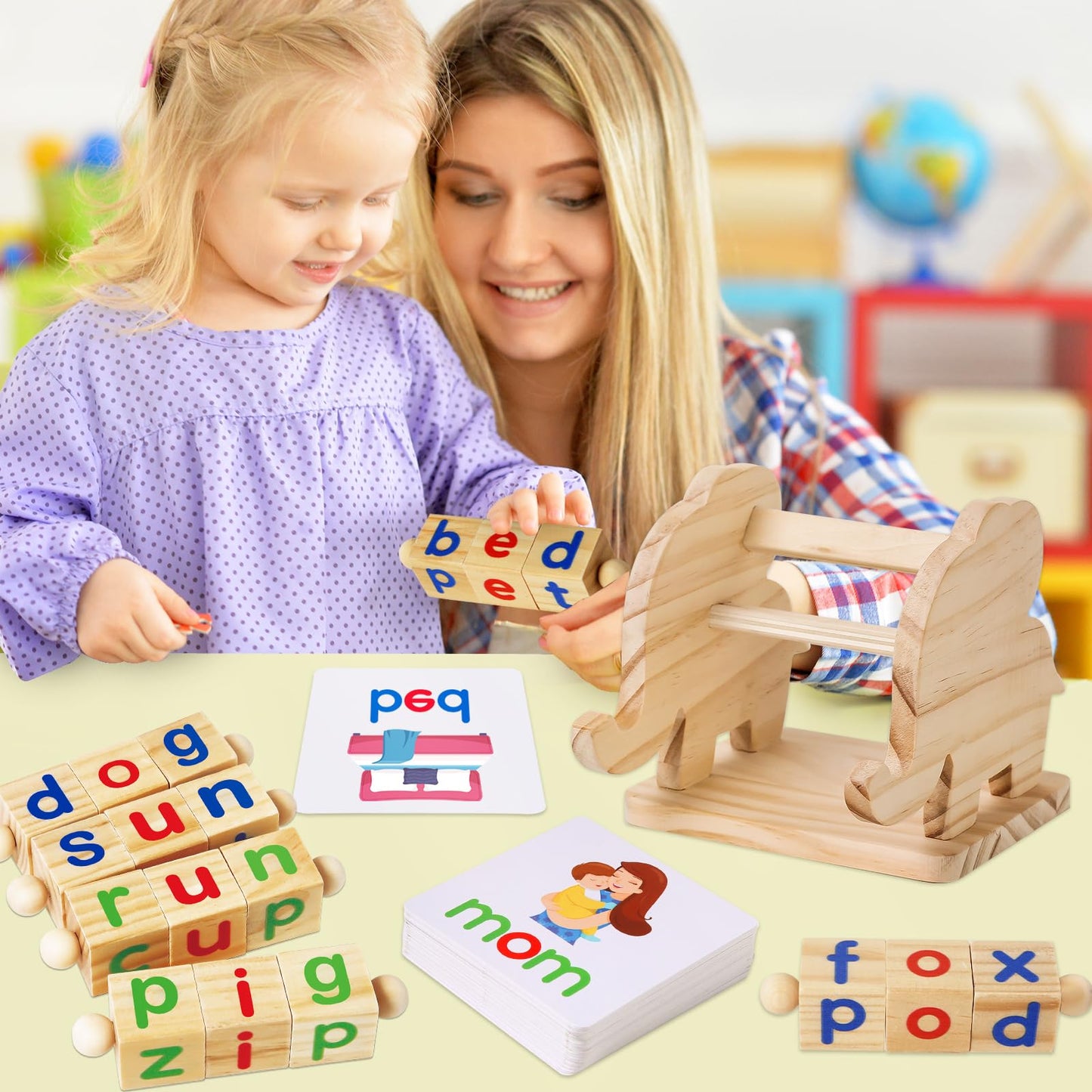 ShyLizard Montessori Learning and Educational Toys Gifts for Kids 3 4 5 Years, Wooden Reading Blocks Toys, Learning Activities for Preschool Kindergarten, Turning Rotating Matching Flash Card Games