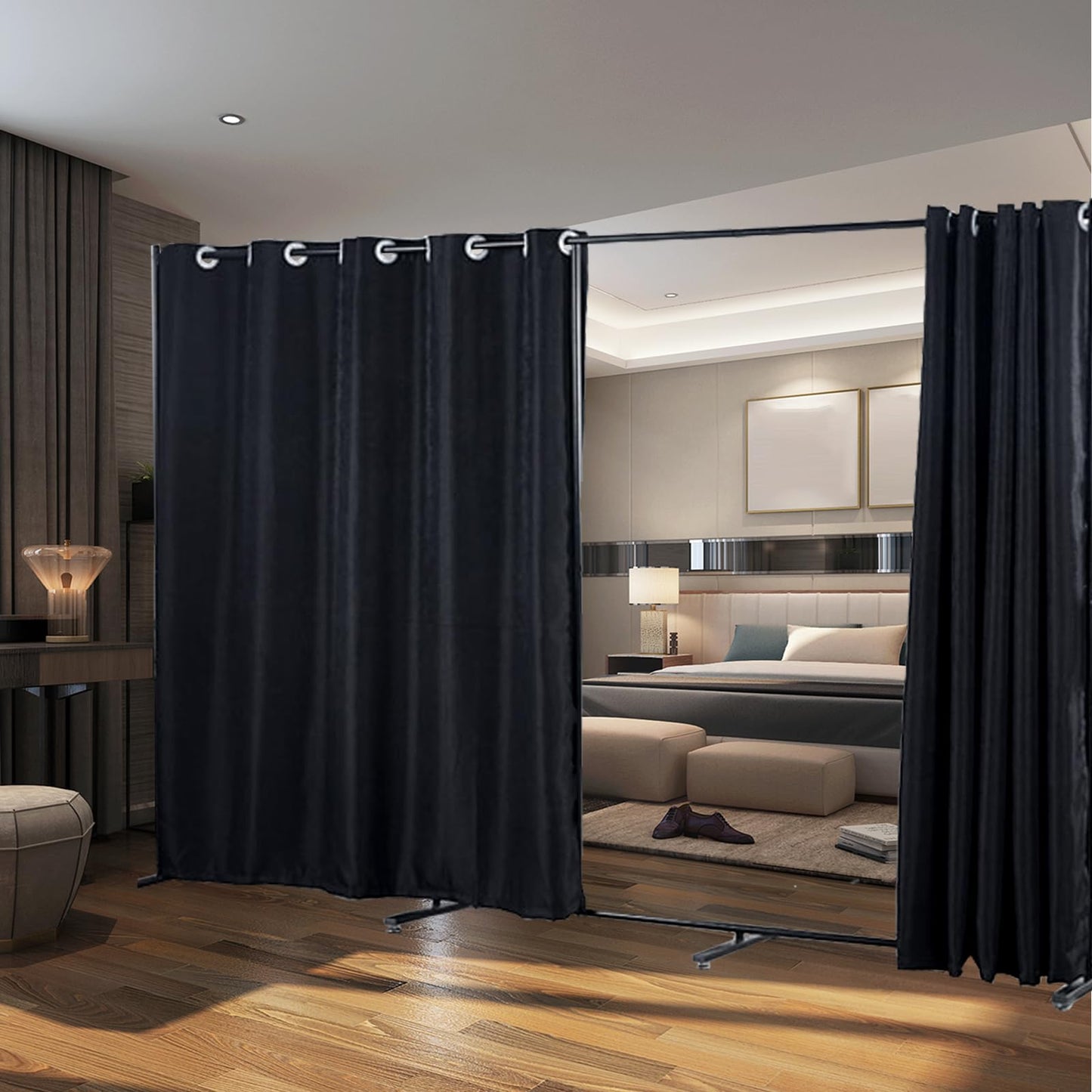 Portable Room Divider Panel, Folding Freestanding Room Partition Wall, Home Vertical Curtain Divider Stand Ceiling Self Stand, Space Privacy Screen for Office, Black