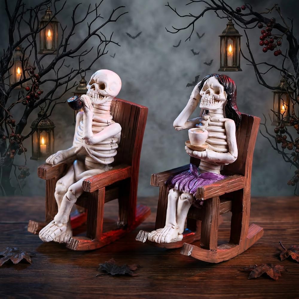 A Pair of Couple Skeletons Enjoying Leisure Time on Rocking Chairs, Perfect for Romantic Afternoon Tea Decor, Suitable for Garden, Terrace, and Other Tabletop Ornaments for Halloween Decorations