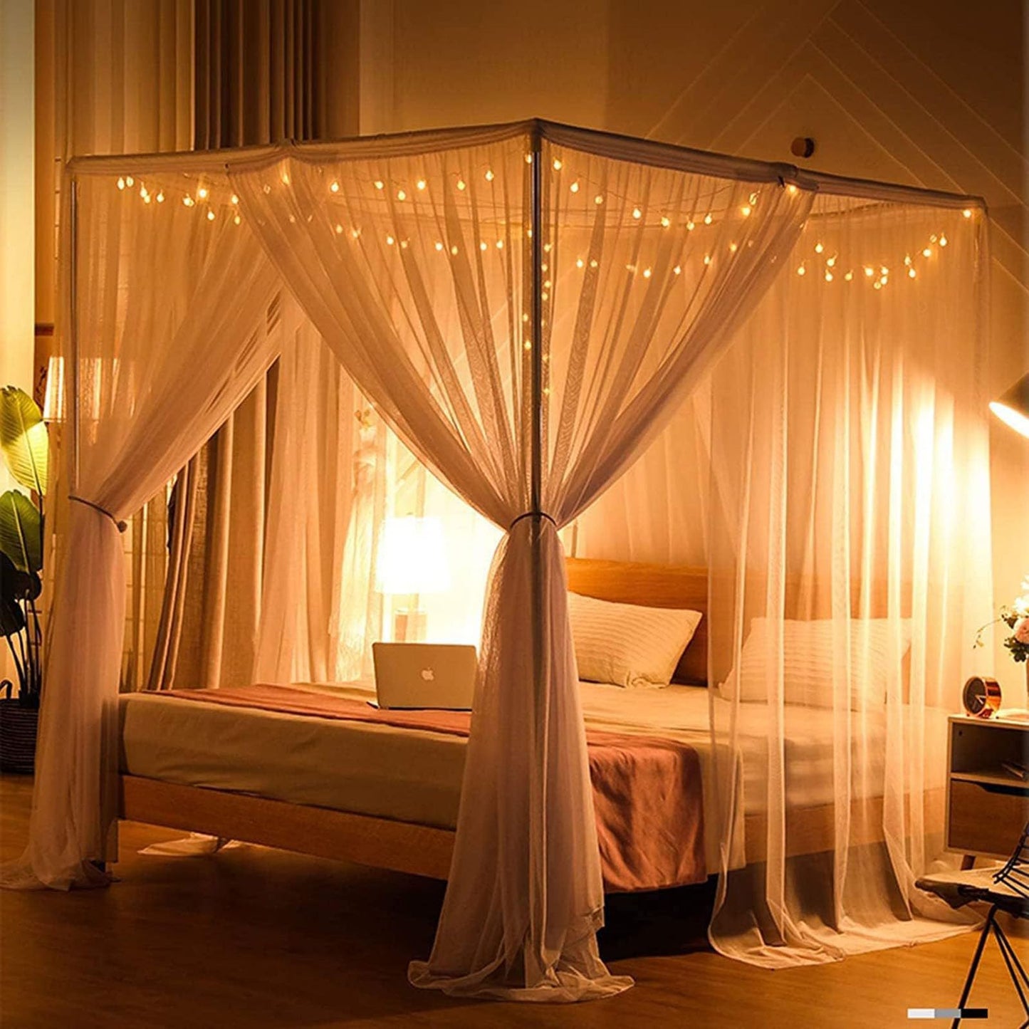 Vawolecy Mosquito Net Bed Canopy for Full Queen King Size Bed,4 Corner Canopy Gothic Bed Curtains,Bug Net for Camping Patio, Halloween Decoration
