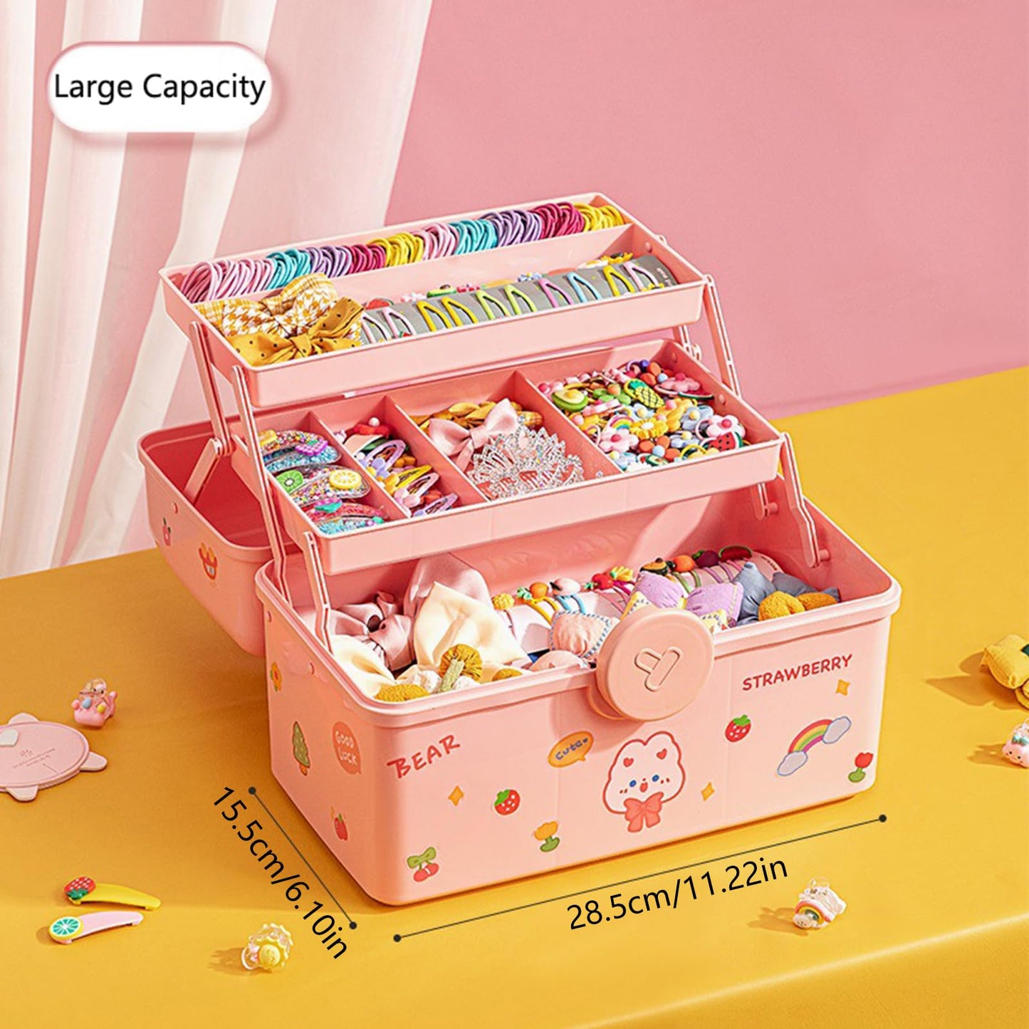 Hair Accessories Organizer for Girls Headbands, Clips, Ties,Baby Girl Supplies, Lockable Three-layer Folding Craft Organizers and Storage Plastic Kids Jewelry Box, Birthday Gifts for Little Girls