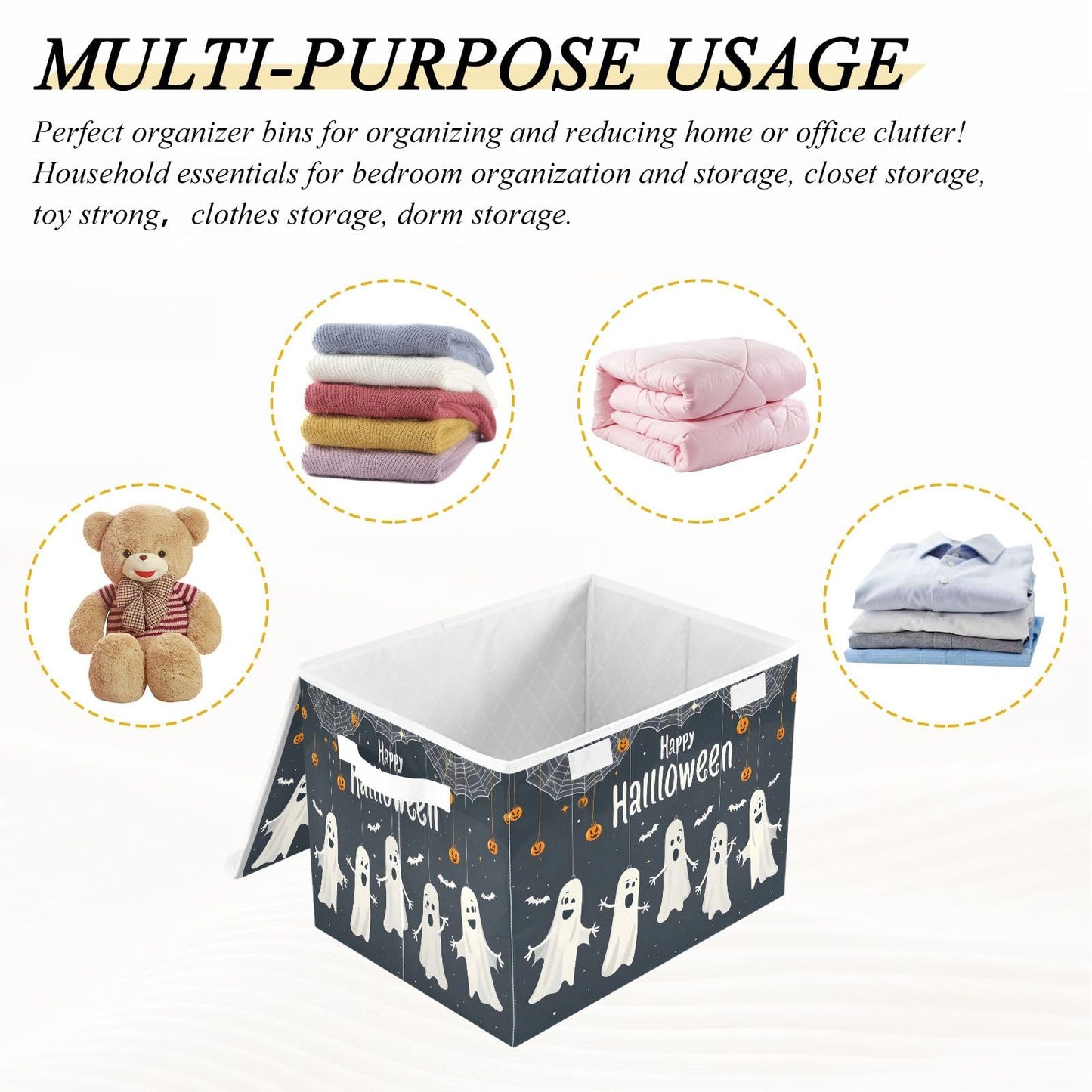 Storage Bins with Lids and Handles,Halloween Spider Bat Storage Box Storage Basket with Cover Collapsible Organizer Containers for Home Closet, Shelves