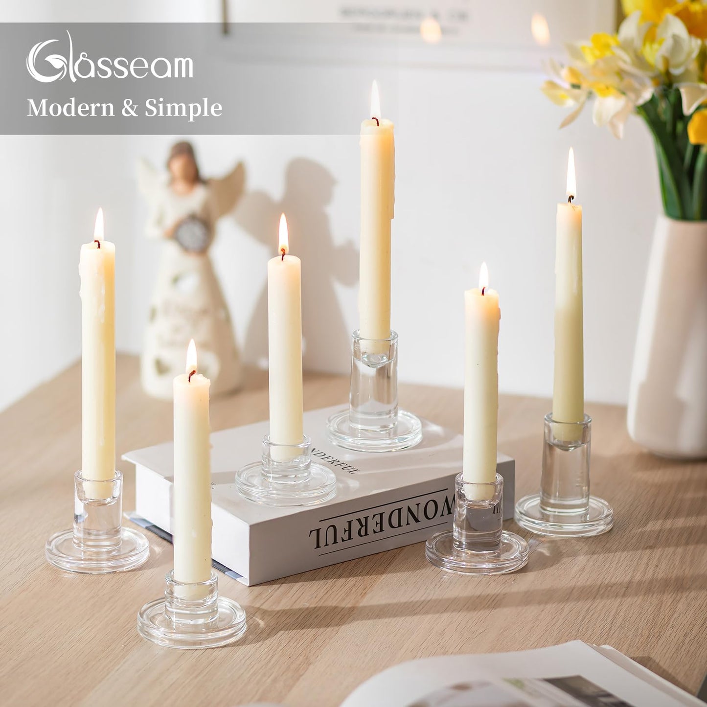 Glasseam Taper Candle Holders Bulk: 12 Pcs Glass Candlestick Holders for Tapered Candles Set Small Clear Candle Sticks Holder Decor for Wedding Table Centerpiece Holiday Christmas Decorations