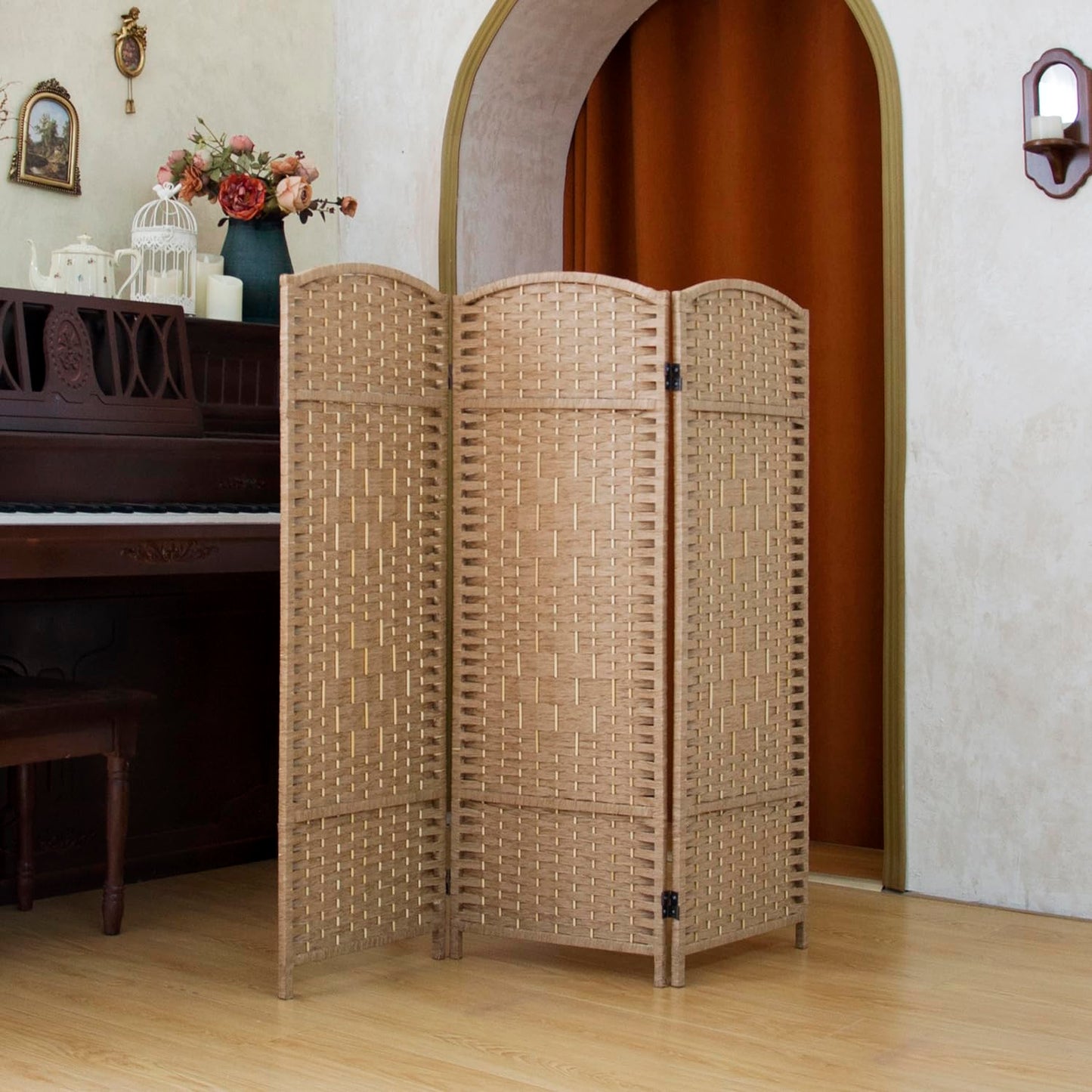 Pawlabay Compact 3 Panel Short Room Divider, 47.2 Inch Tall Double-Sided Rattan Folding Privacy Screen for Home & Office,Light Brown