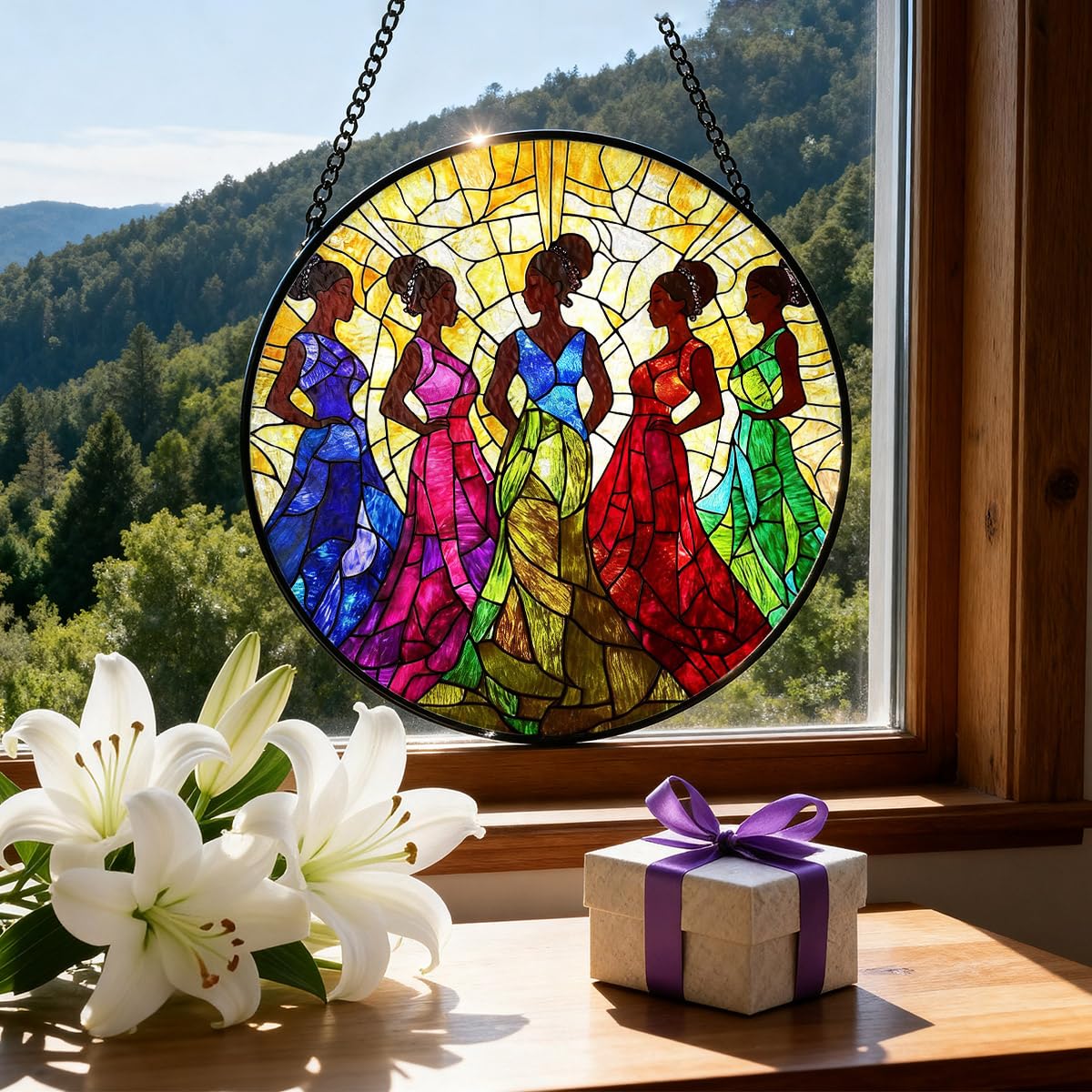 Greatingreat Stained Glass Window Hanging, Home Room Decor 7.8 Inch African American Women Sun Catchers Indoor Window, Cultural Wall Art Home Decor for Women Mother's Day