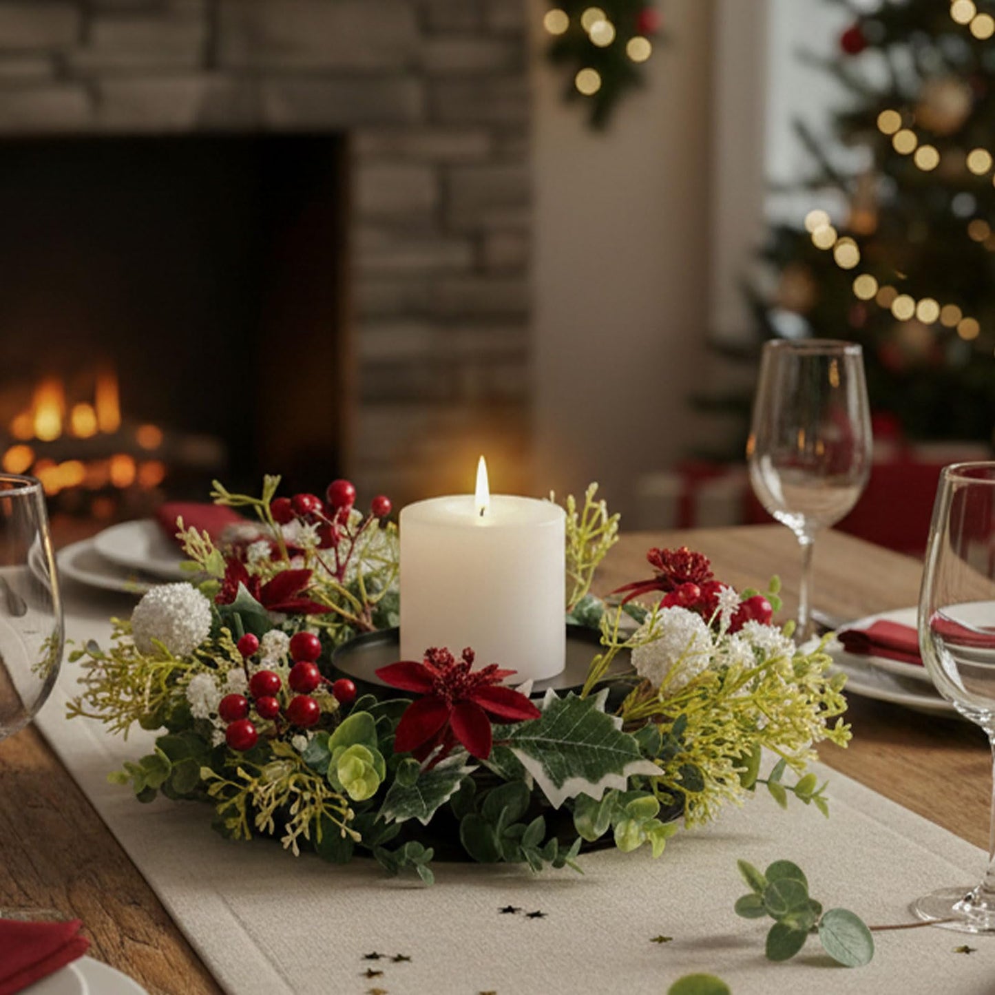 MOYEE Winter Christmas Candle Holder Centerpieces for Tables,Candle Ring, Black Metal Candlestick with an Artificial Wreath 14 in Versatile Dining Table Centrepiece (White Ball Wreath)