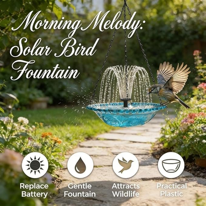 Hanging Solar Bird Bath Fountain with Water Pump, Plastic Basin, 4 Nozzles, Sturdy Metal Chains, Outdoor Garden Decor (Can Spray Water, Black)