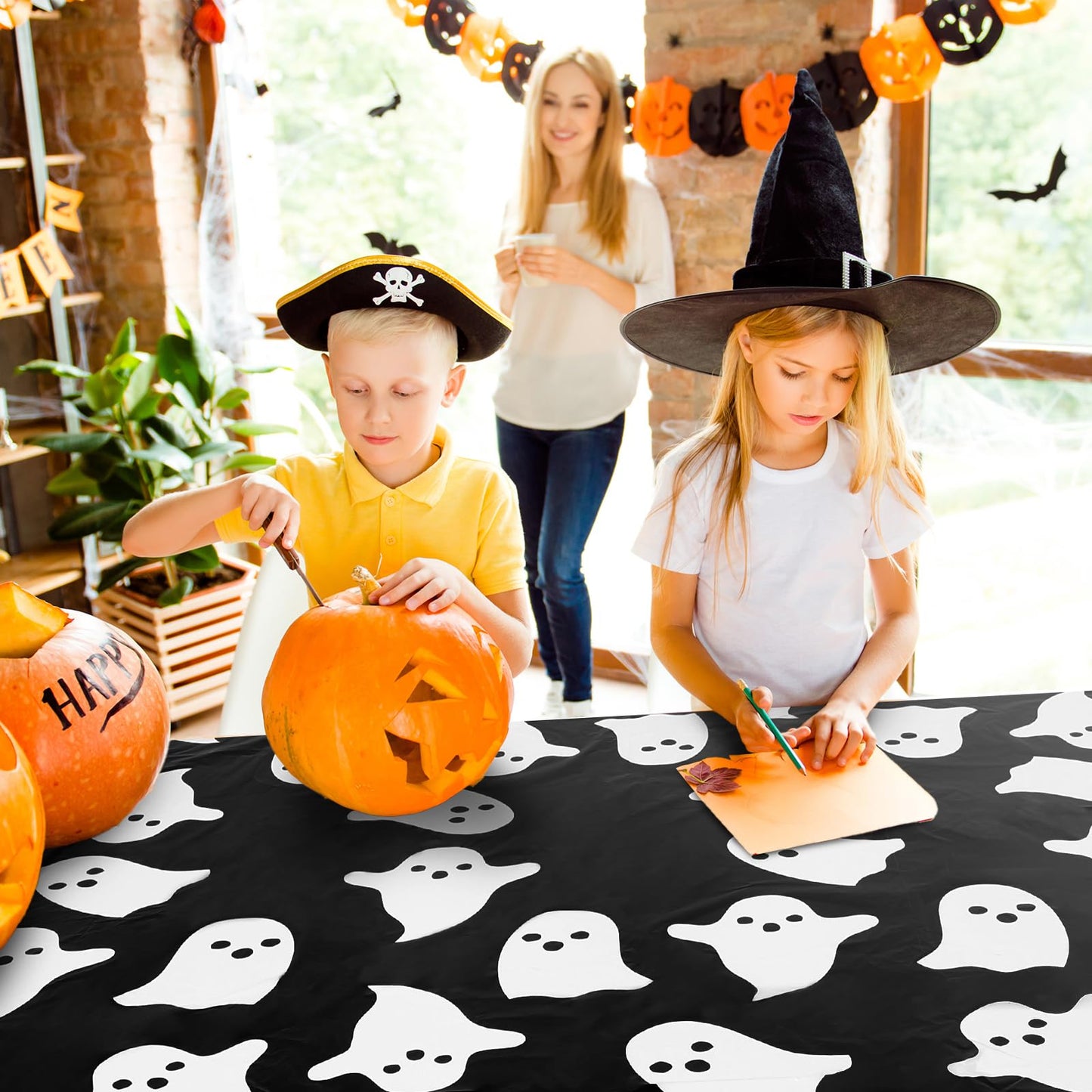 JarThenaAMCS 8 Pcs Halloween Plastic Tablecloths White Black Ghost Disposable Table Cover Spooky Rectangle Table Cloth for Trick or Treat Party Decor, 54 x 108 Inch