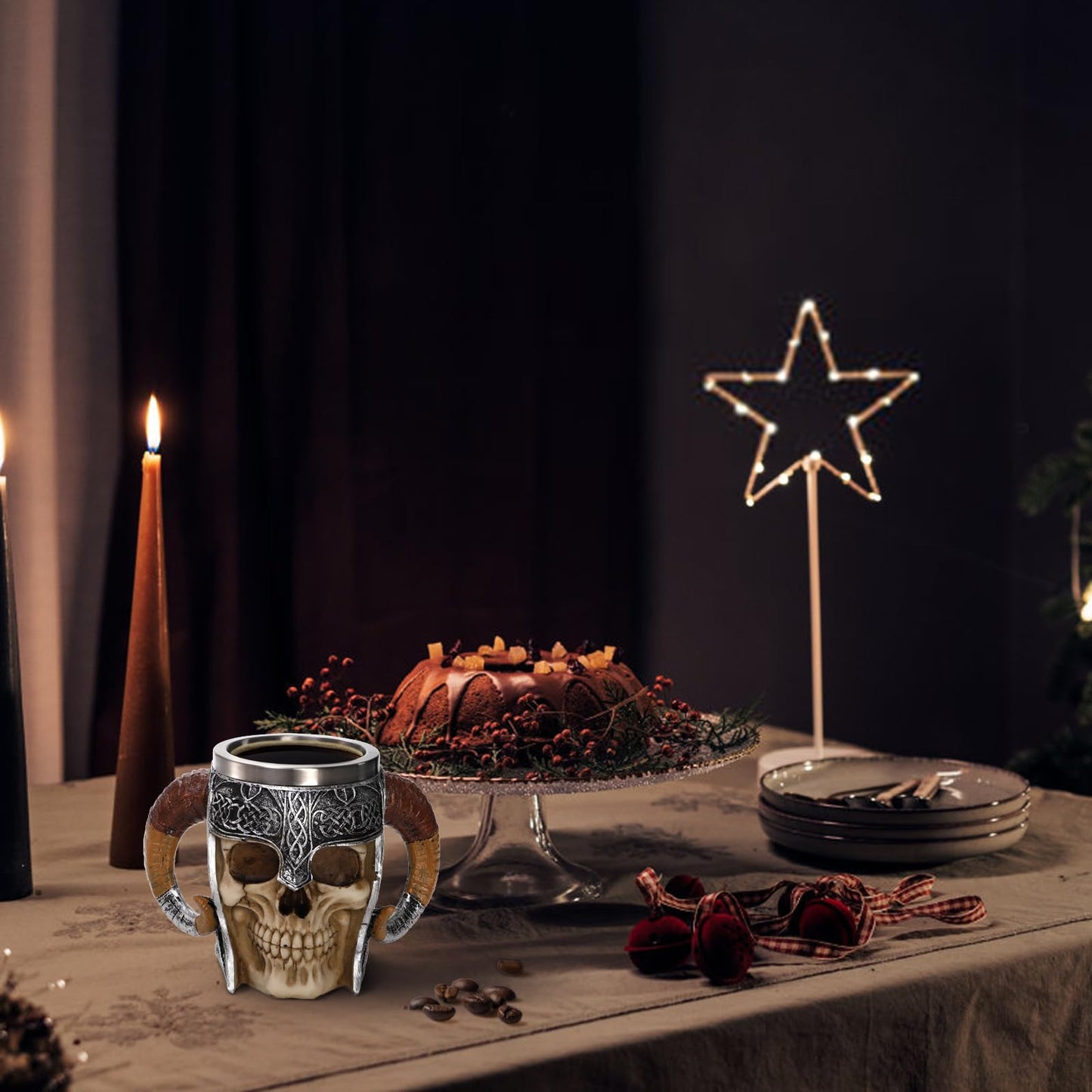 Tlence Stainless Steel Skull Mug, 18 OZ Halloween Viking Drinking Cup, Large Skeleton Resin Beer Stein Tankard with Double Handles, Bar Drinkware Medieval Decoration for Coffee, Tea, Novelty Gifts