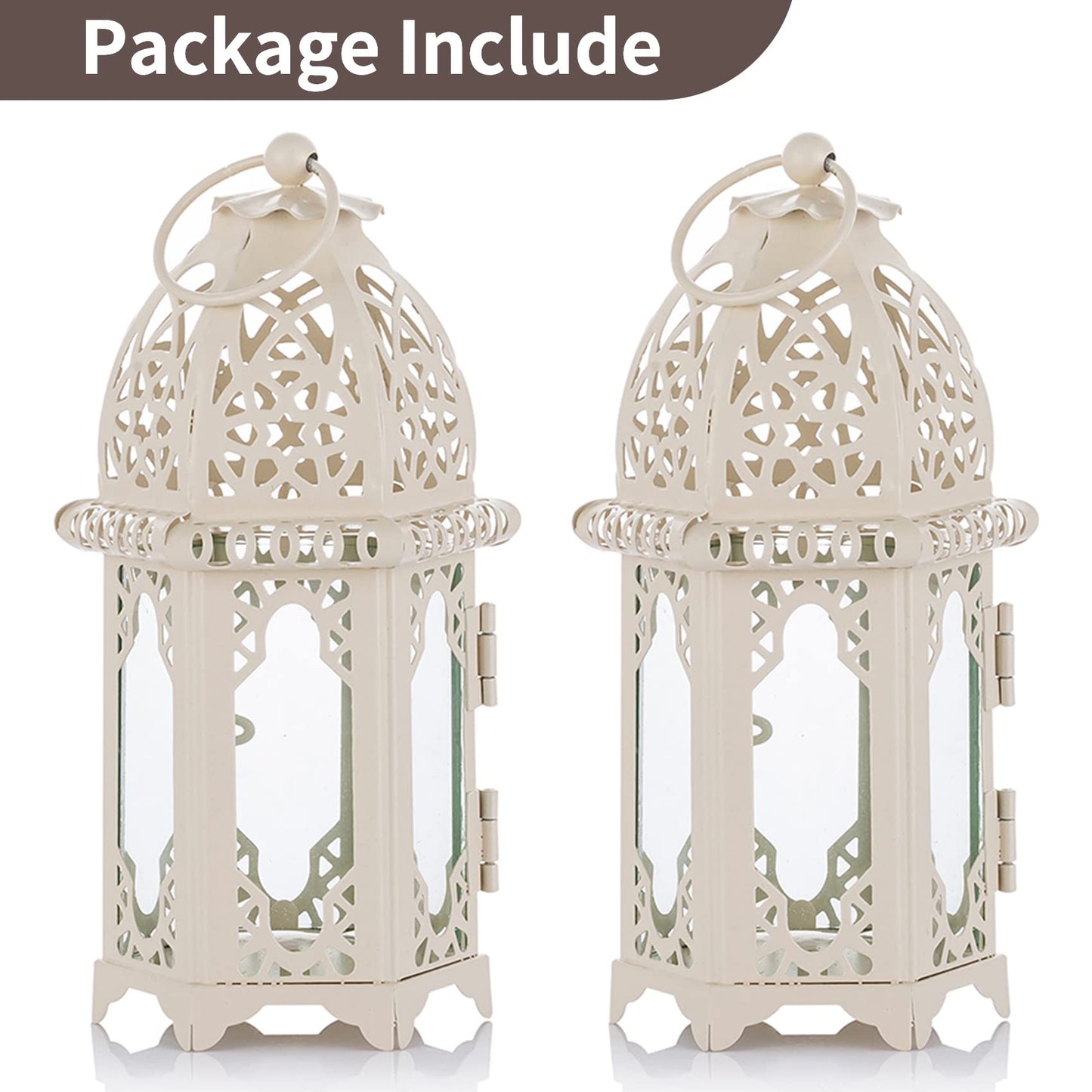 NUPTIO 2 Pcs Moroccan Style Candle Lantern - Small Sized Tealight Candle Holder with Transparent Glass Panels Great for Patio, Indoors/Outdoors, Events, Parties and Weddings, White