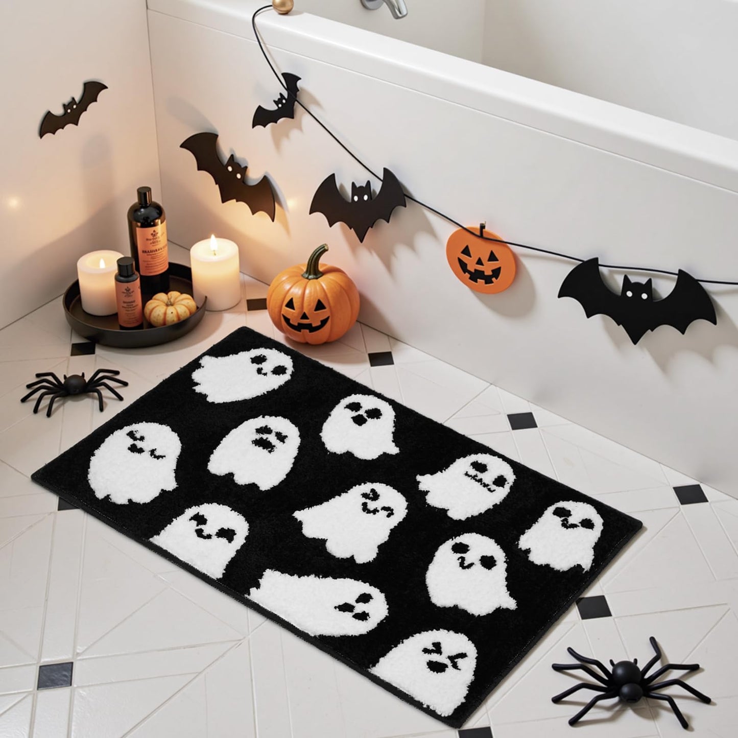 Lindameler Black Spooky Ghost Bath Mat - Black Gothic Bathroom Rug, Soft Plush Non-Slip Washable Ghost Bath Rug for Halloween Bathroom Decor, Machine Washable 20x31 Inch
