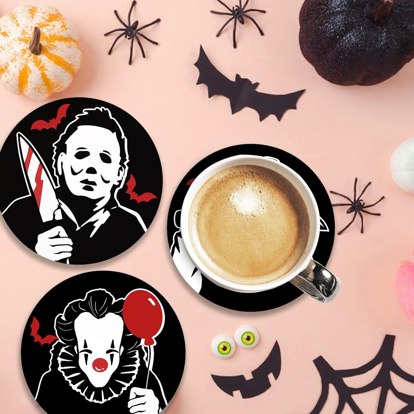 Pycat Halloween Horror Movie Characters Drink Coasters with Holder Set of 6, Bloody Black Absorbent Ceramic Cup Mat for Coffee Table Protection, 4 Inches Scary Home Kitchen Decor Housewarming Gifts