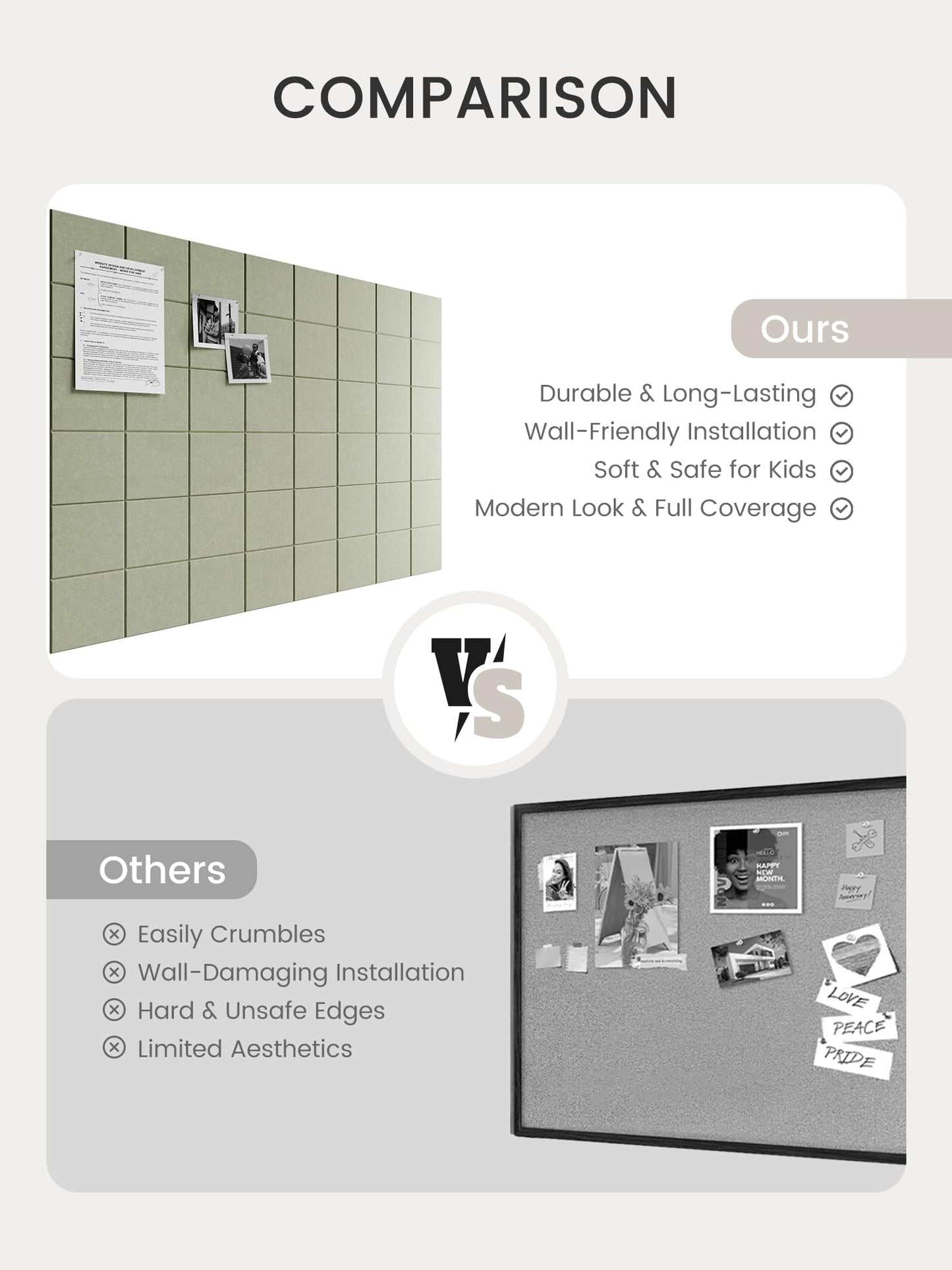 Bumusty Large Felt Bulletin Board, 48" x 36" Cork Board Alternative, 12-Pack Wall Tiles with 4-Compartment Design, 30 Push Pins, 70 Adhesive Tabs, Ideal for Office & Home Decor, Sage