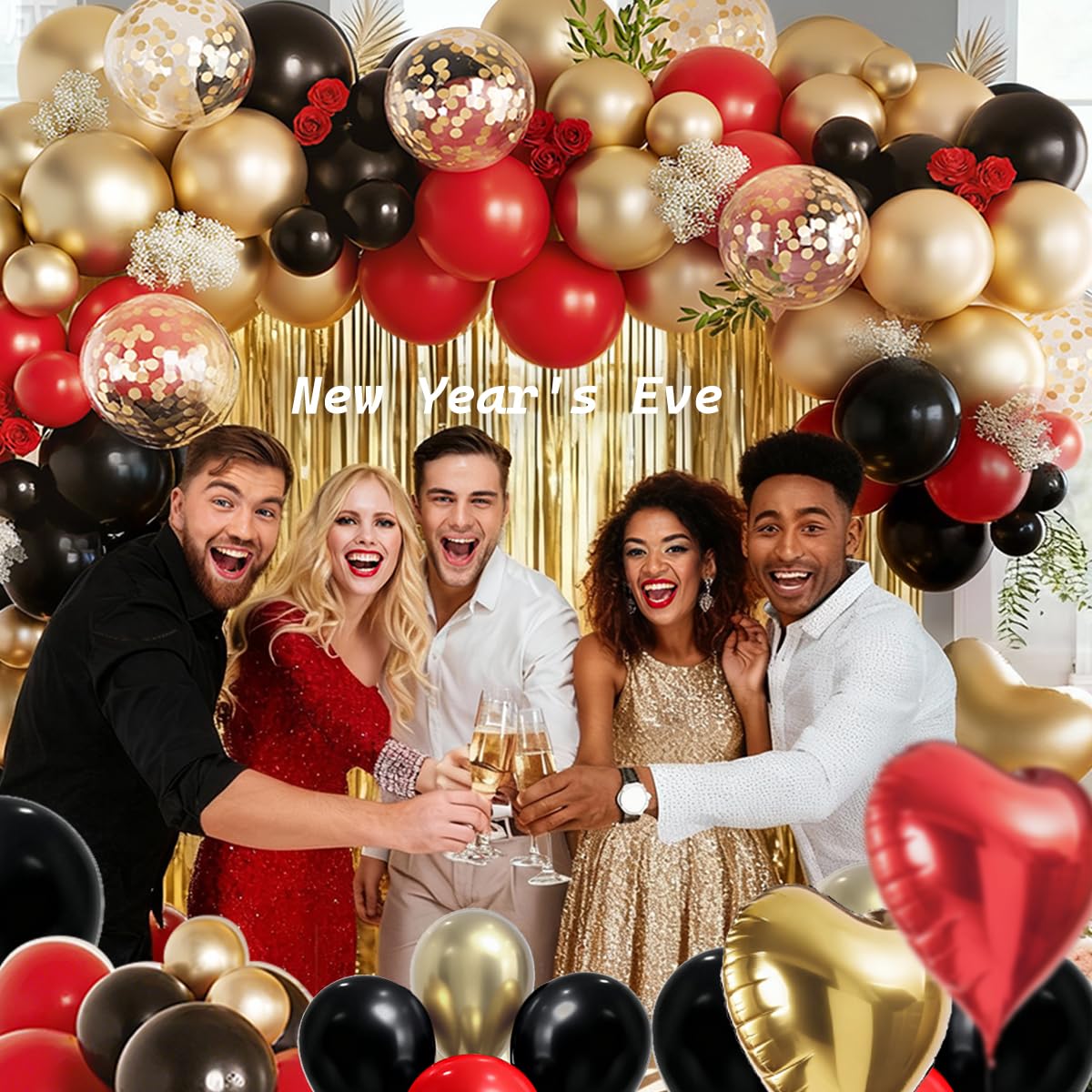 157Pcs Red Black Gold Balloons Garland Arch Kit with Glitter Fringe Curtain Backdrop for Adults Masquerade Halloween New Year Eve Casino Birthday Party Decorations