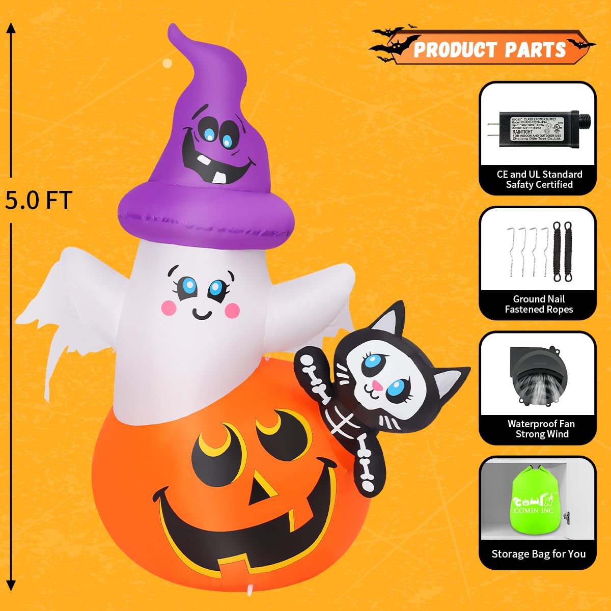 COMIN 5 FT Halloween Inflatables Pumpkin Ghost Cat Outdoor Decorations Blow Up Yard with Built-in LEDs for Indoor Party Garden Lawn Decor