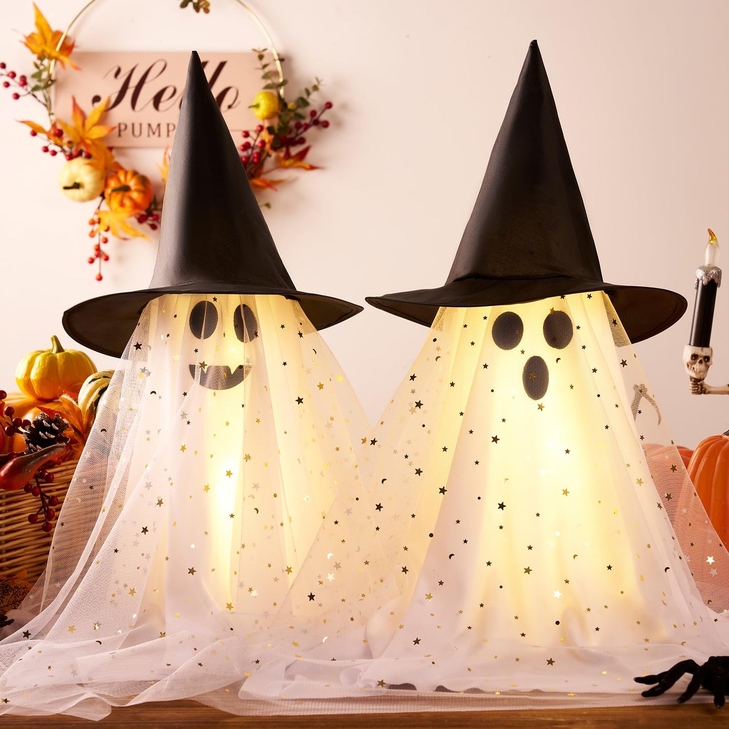 2Pcs Halloween Ghosts Decorations Indoor - Light Up Ghost Crafts with Sequined Netting, Cute Halloween Party Decorations, Spooky Ghost Decor for Home Table Fireplace Kitchen and Office