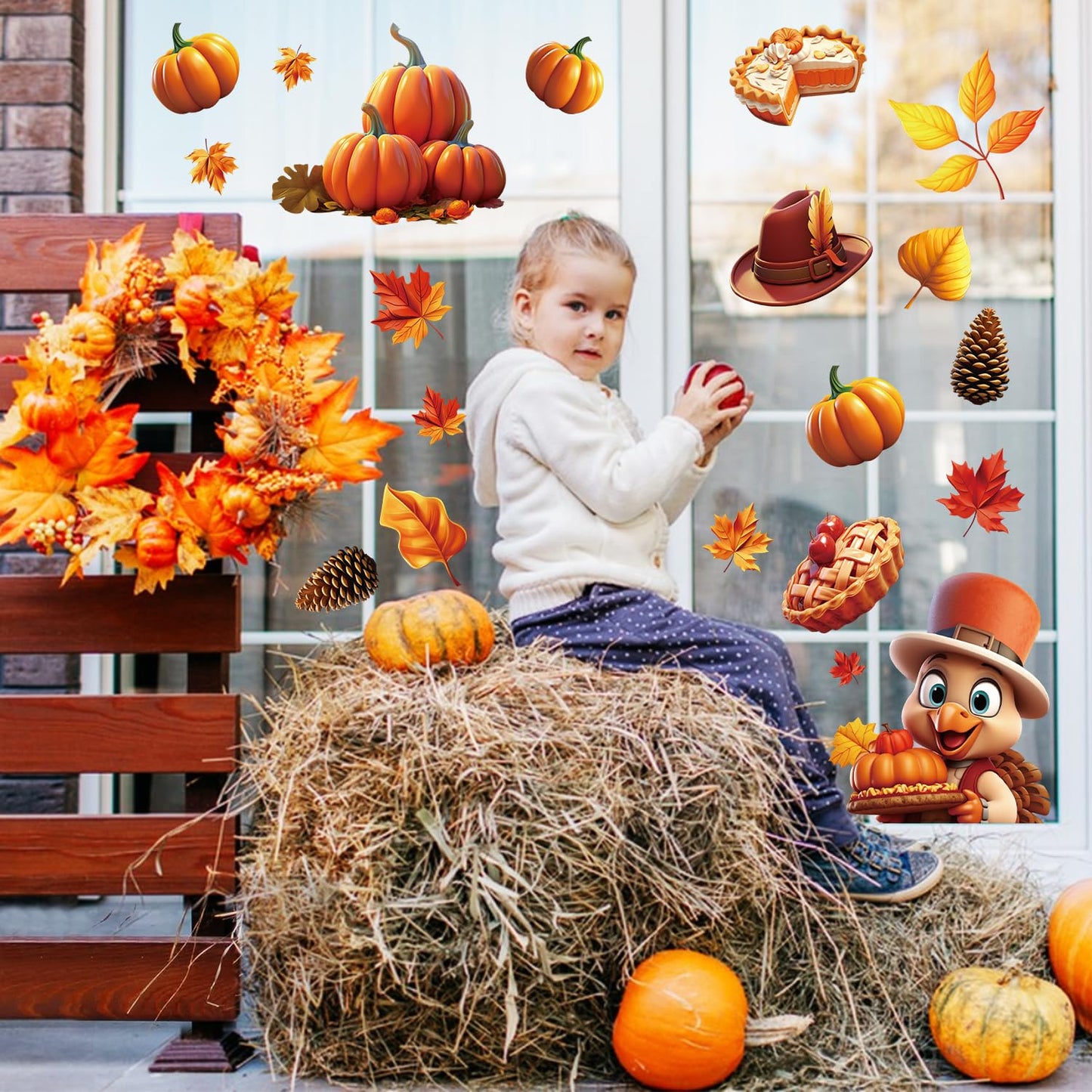 LOKIPA 3D Thanksgiving Window Stickers, 8 Sheets Thanksgiving Window Clings Double Sided Windows Decals for Thanksgiving Windows Decorations