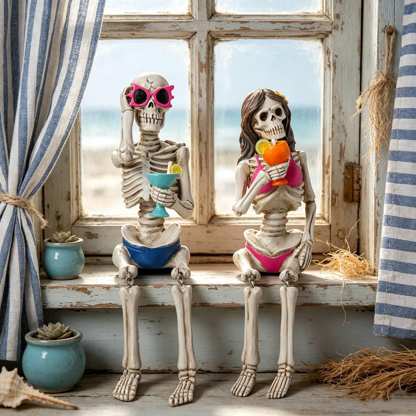 Summer Decorations Halloween Skeleton Statue - Collectible Figurines Summerween Couple with Dangling Leg Bikini Sunglass 7.5H in Perfect for Coastal Tropical Ocean Beach Pool Decor Newman House Studio