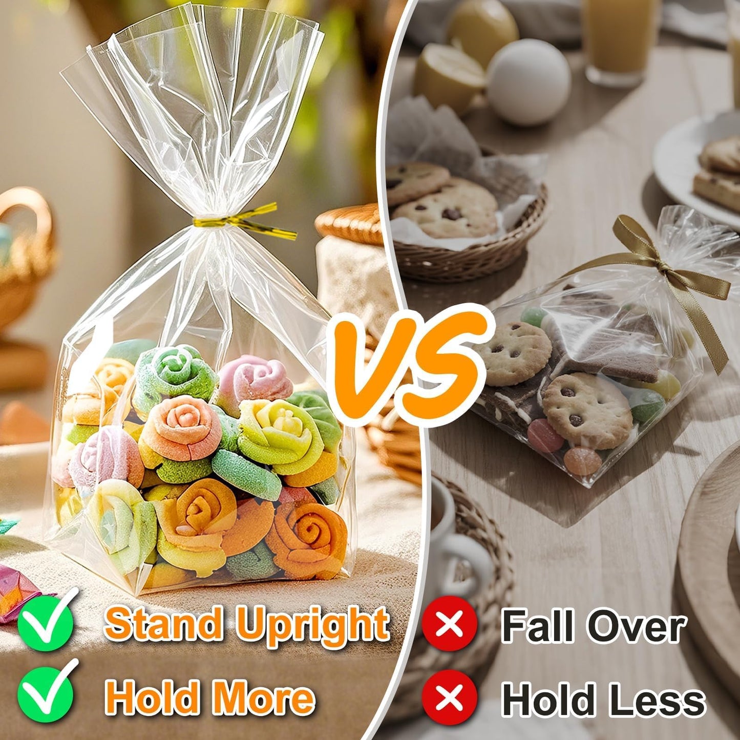 PigPotParty Cellophane Treat Bags 6x9 Inch, 100 Pack Clear Goodie Bags with Bottom Gusset for Stand-Up Display, Small Plastic Gift Wrap for Cookies, Candy, Party Favors, Popcorn, Includes 100 Ties