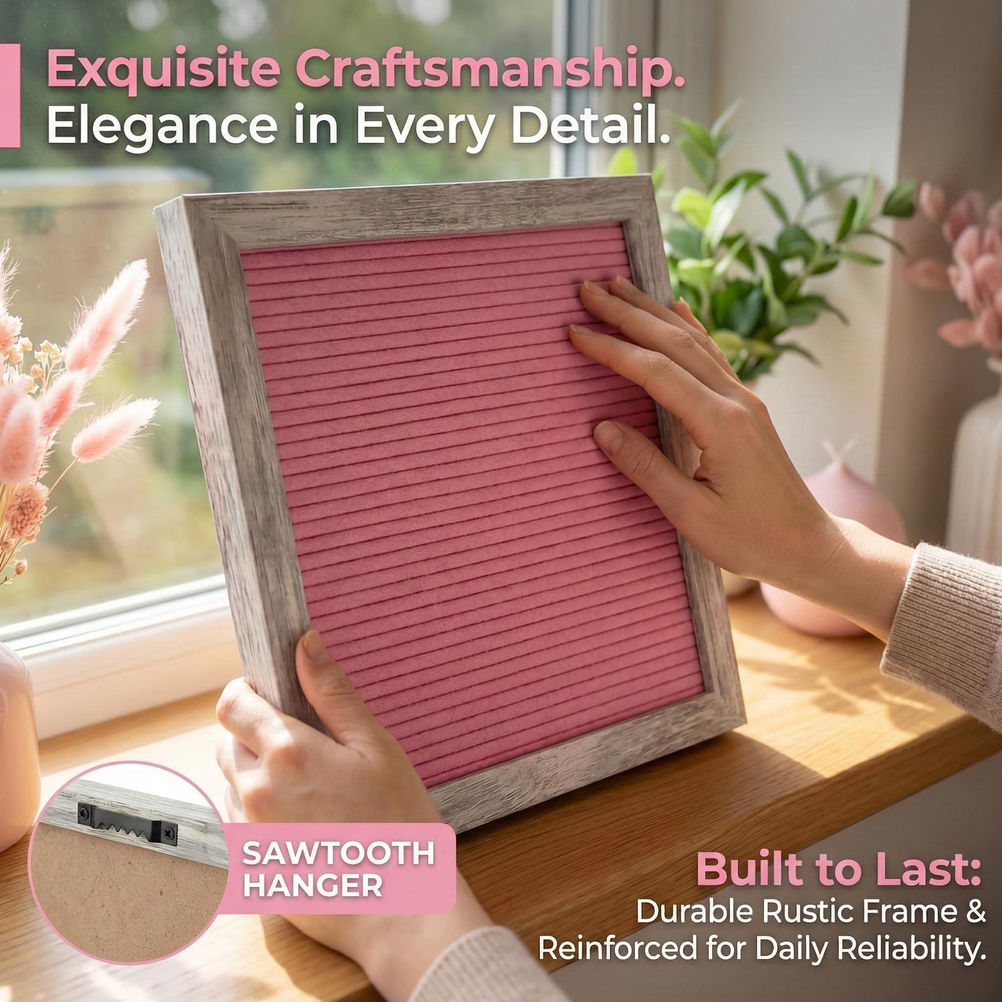 C CRYSTAL LEMON Rustic Hot Pink Felt Letter Board 10x10 Inches – 336 Changeable Letters, Numbers & Symbols – Message Board for Classroom, Home & Office