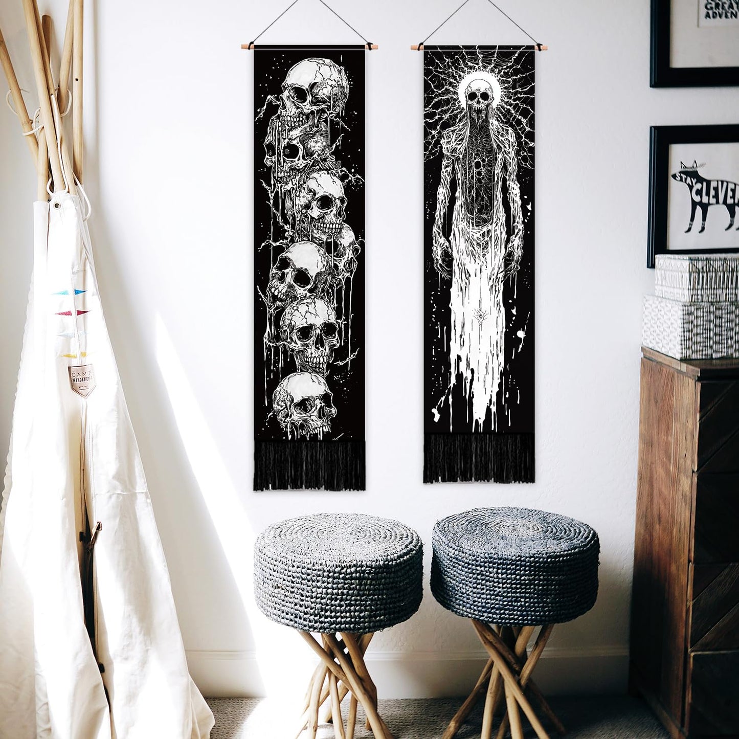 PLIGREAT 2 Pack Skeleton Tapestry with Tassels, 52" x 13" Black and White Aesthetic Wall Hanging Goth Style Vertical Home Art Tapestry for Bedroom Living Room Long Narrow Wall Hanging Art Decor