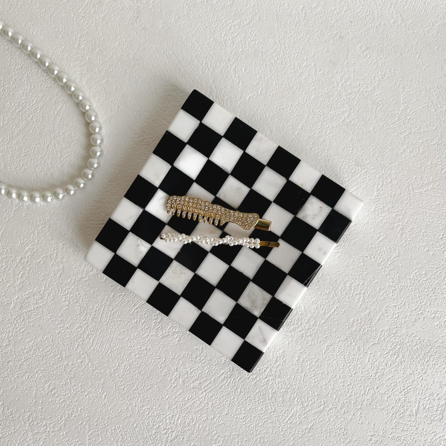 StonePlus Marble Stone Black and White Checkerboard Square Small Splicing Mosaic Tray Jewelry Dish (Black and White)