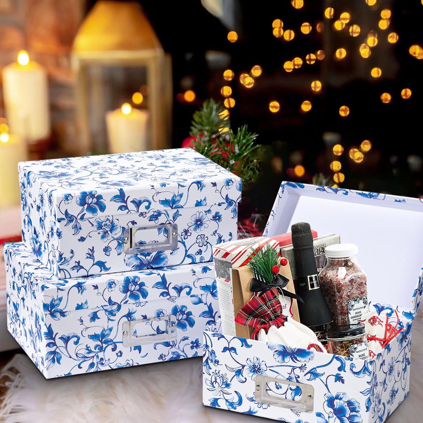Briful Blue and White Porcelain Storage Boxes with Lids, Set of 4 – Chinoiserie Nested Card Photo Storage Box Organizer, Decorative Paperboard Box for Closet, Office, Gifts,Cosmetic,Books