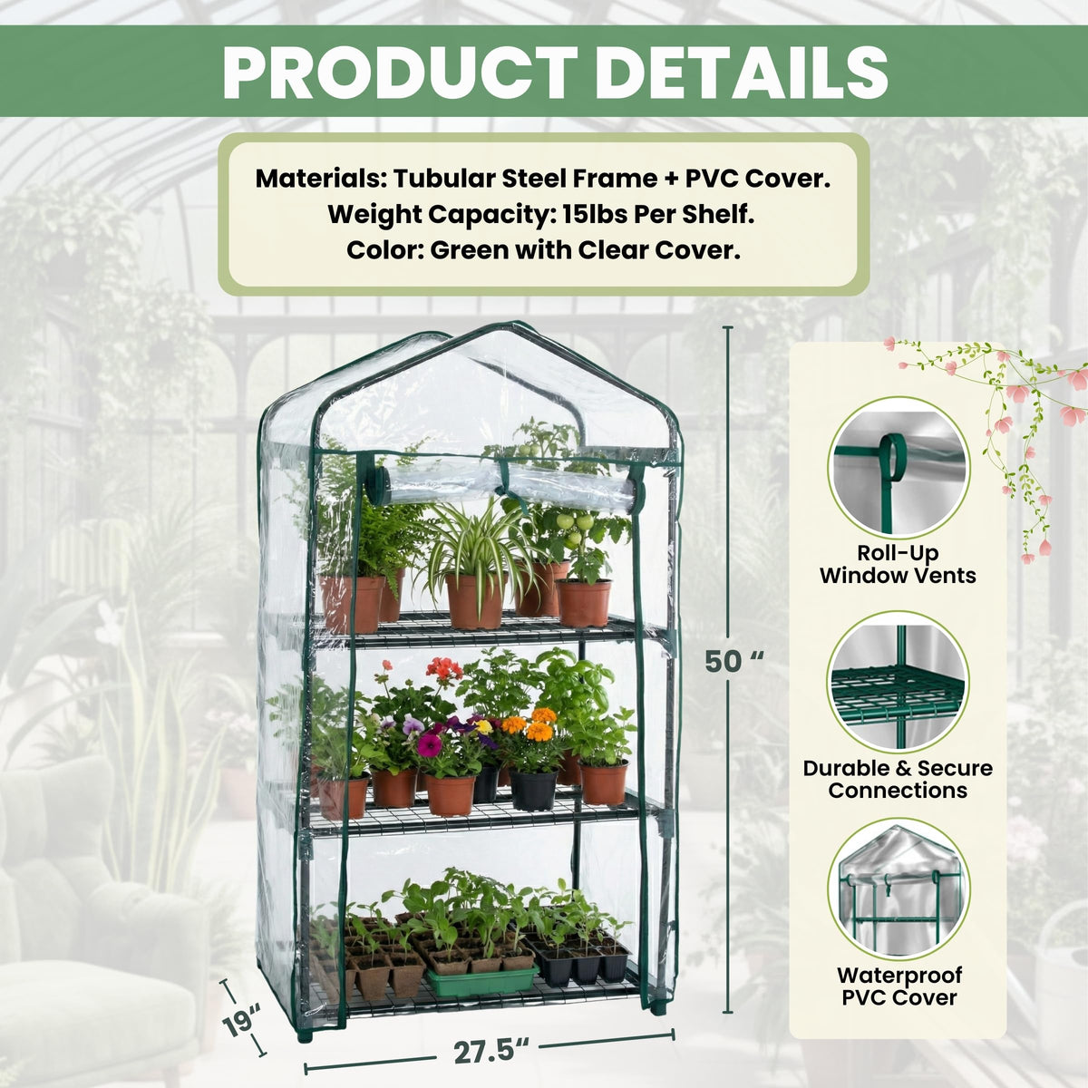 3 Tier Mini Greenhouse - Portable Greenhouse with Rust-Resistant Frame and PVC Cover for Indoor/Outdoor - 27.5x19x50-Inch Green House by Pure Garden