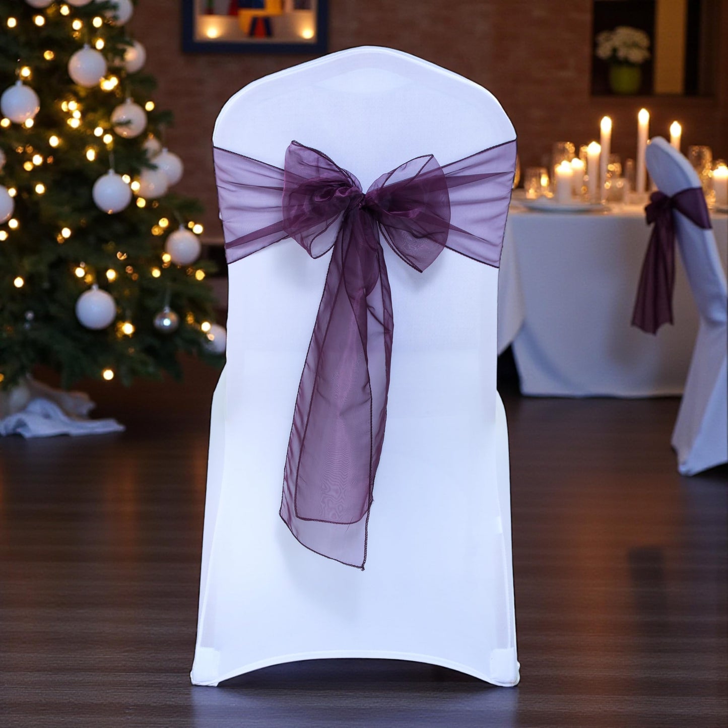 MDS® Pack of 25 Organza Chair Sashes for Wedding Decoration, Reusable Sheer Chair Bows for Banquet Chair Cover, Reception, Bridal Shower, Baby Shower, Birthday Party & Special Events - Plum