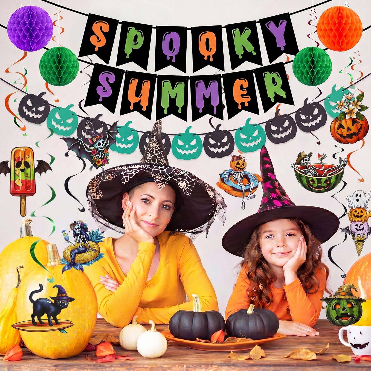 Crtiin Summer Halloween Banner Decorations Spooky Summer Hanging Banner with Honeycomb Balls Hawaii Halloween Paper Garland Photo Props Skeleton Mermaid Ghost Charms for Hallows Beach Party