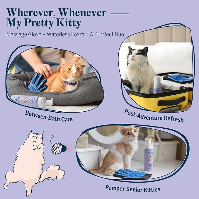 Pretty Kitty Waterless Cat Dry Shampoo with Grooming Glove (Left-Handed)– No Rinse, Lick-Safe, Moisturizing for Dry Skin, Dandruff, Deshedding, Wash Soap Spray Foam for Kitten