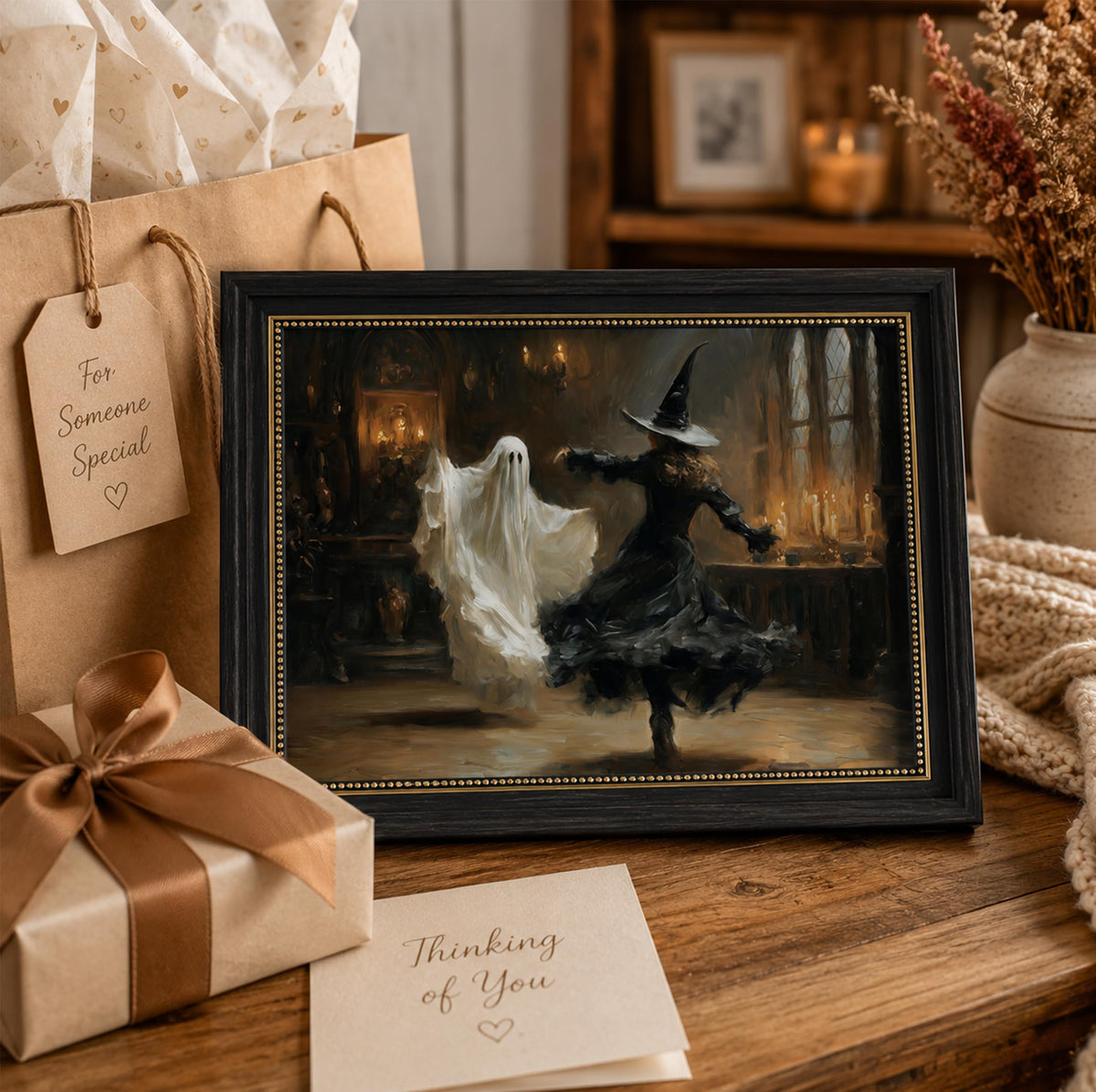Vbaourut Framed Halloween Wall Art, Dancing Witch and Ghost Canvas Painting, Vintage Gothic Poster with Dark Brown Frame and Upgraded Hook and Loop for Bedroom, 9x11 in