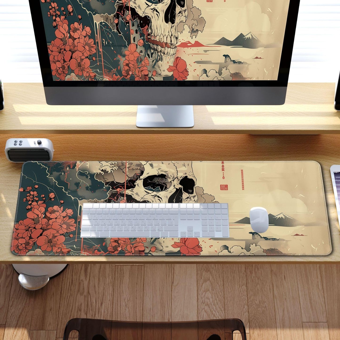 Skull Mouse Pad Japanese Ukiyo-e Mouse Pad XL Anime Big Mouse Pads for Desk Large Gaming for Men Desk Pad with Stitched Edges Non-Slip Large Computer Mat, 31.5x11.8 in