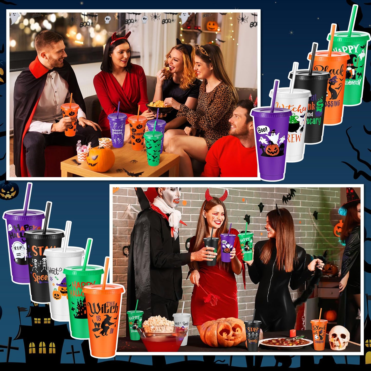 Chuangdi 30 Pack Halloween Plastic Tumbler with Lids and Straws Reusable Plastic Cups Spooky Cups Bulk for Kids Adults Halloween Party Birthday Supplies(24 oz,Pumpkin)