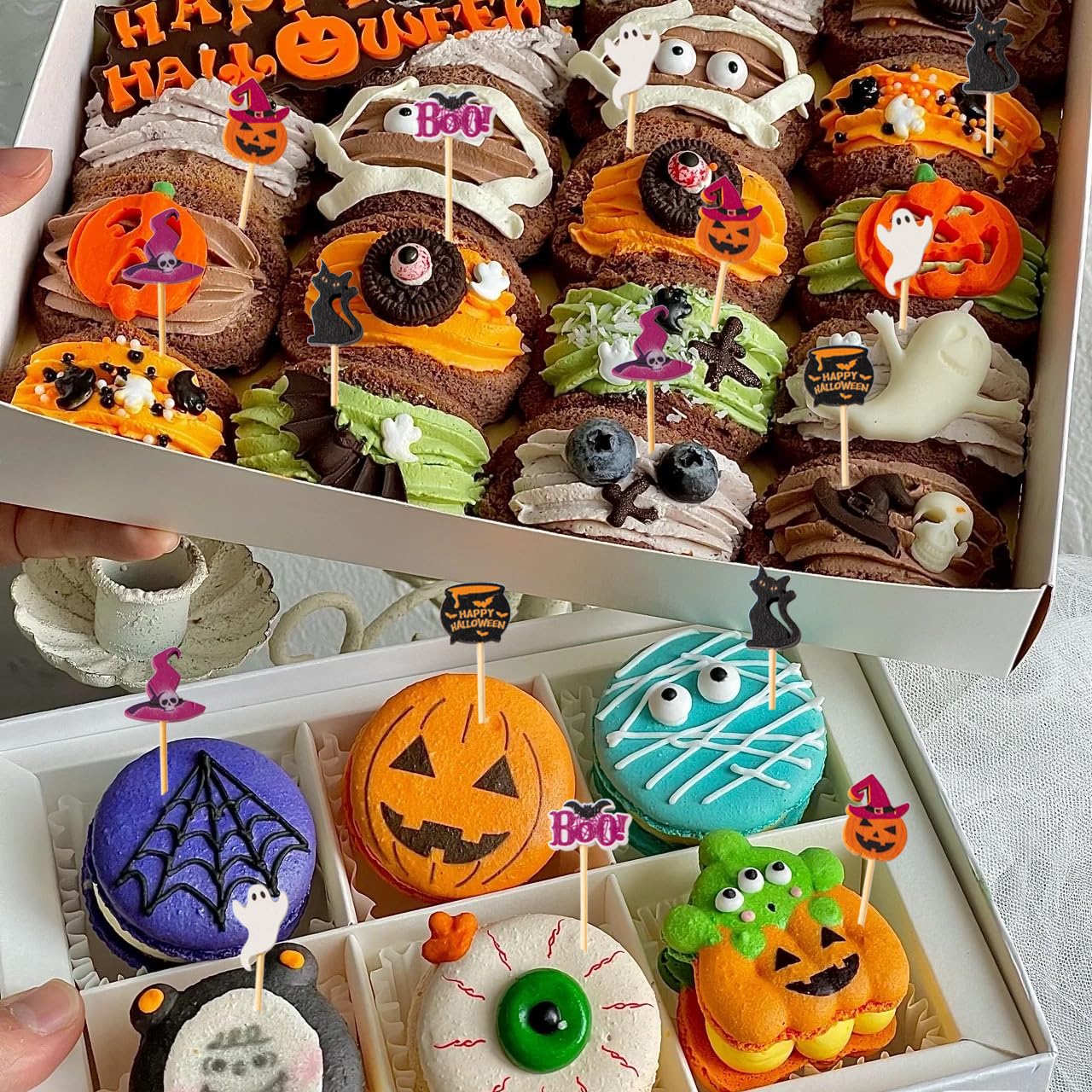 Jiesky 235pcs Halloween Cocktail Picks Halloween Theme cats boo ghosts witch hats pumpkins Bamboo Cocktail Toothpicks Fruit Sticks Sandwich Appetizer Charcuterie Skewers for Halloween Party Supplies