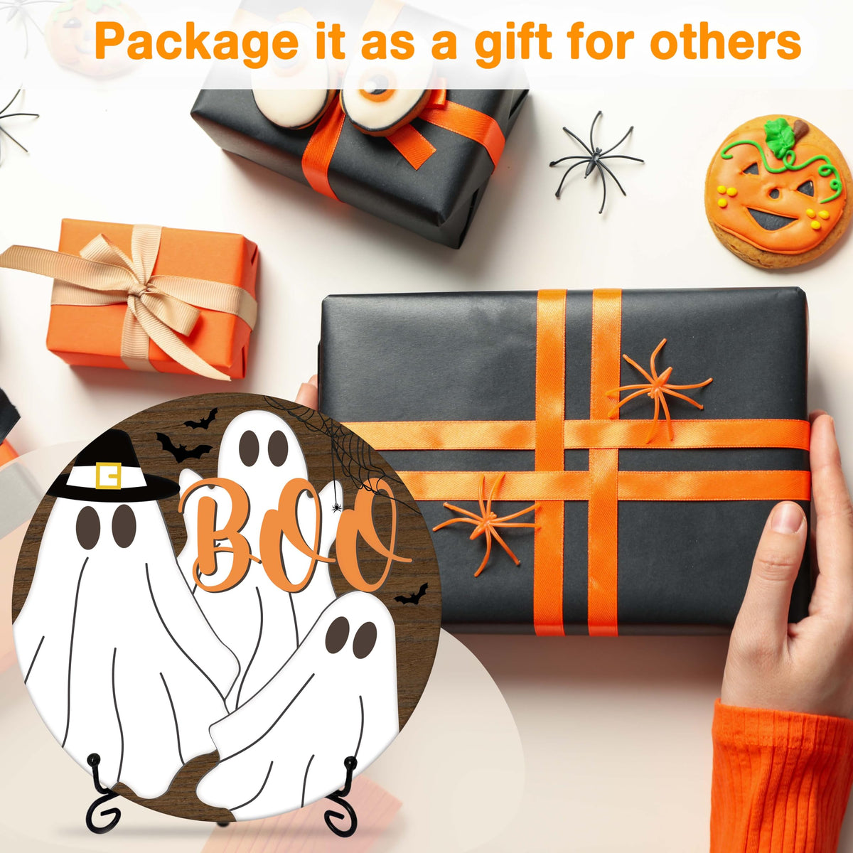 Seclate Halloween Desk Decorations for Home, Ghost Wooden Table Centerpieces 8x8 Inches with Iron Stand for Office Living Room Shelf Decor, Boo Gifts for Women Friends - E08
