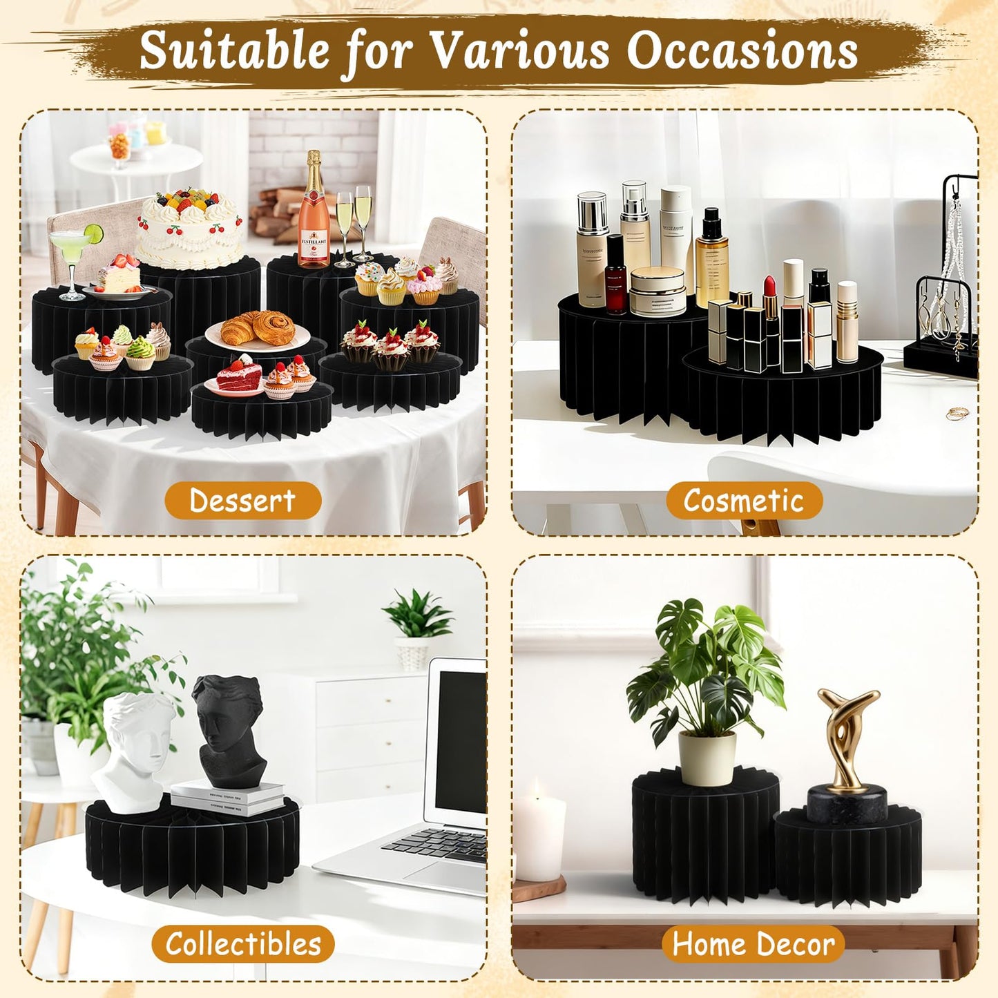 8 Pack Buffet Risers Display Stands, Foldable Food Risers for Buffet Table, Tall Cake Cupcake Stands, Cardboard Cylinder Stand, Dessert Table Display Set for Catering, Jewelry, Wedding, Party Decor (Black)