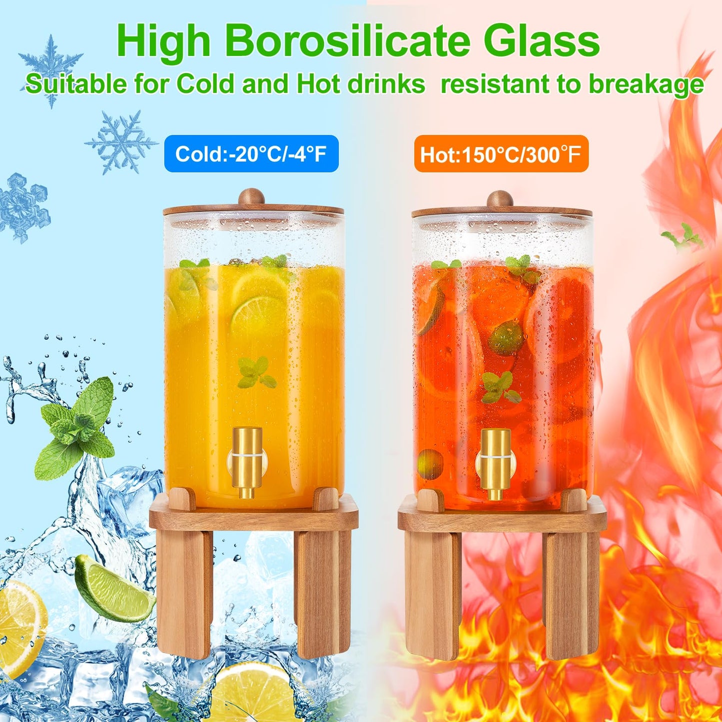 1 Gallon Glass Drink Dispensers: Beverage Dispenser For Parties With Wood Stand, Large Water Drink Dispensers With Stainless Steel Spigot, Ideal for Lemonade,Juice, Tea, and Party Drinks