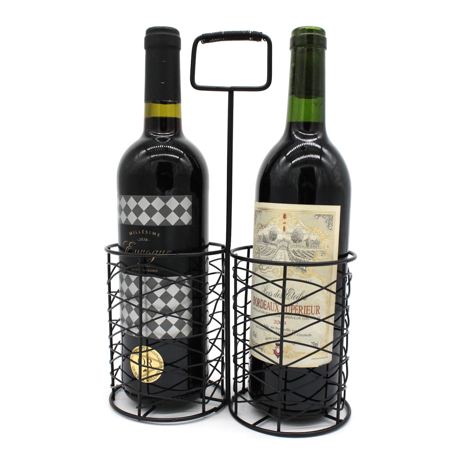 ZNCO Metal Wire Duple Wine Bottle Holder with Handle Vintage Style 2-Bottles Carrier Basket. Black
