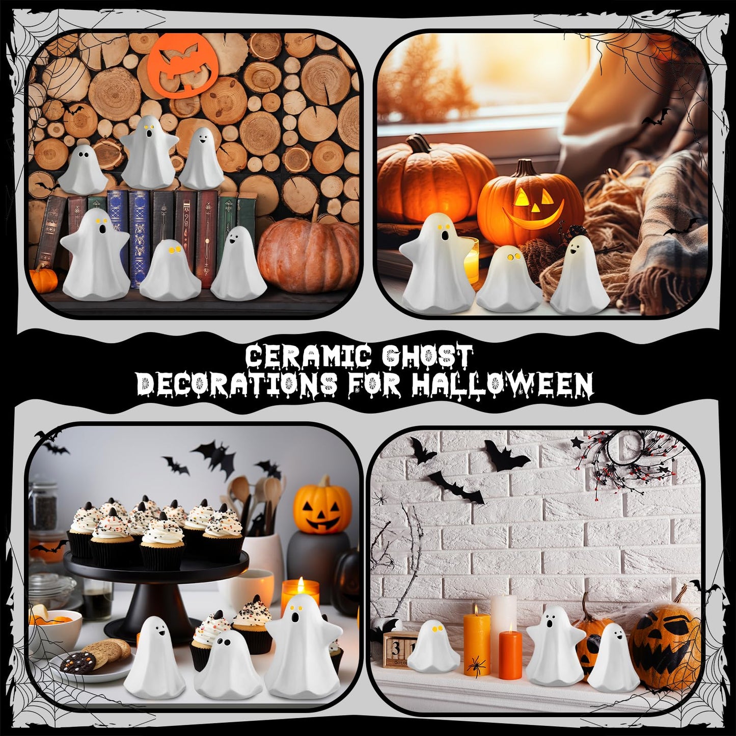 Domensi 9 Pcs Halloween Ceramic Ghost Figurines with LED Lights, Large 5.12 White Spooky Ghost Sculpture Statue Cute Halloween Miniatures for Gifts Centerpiece Table Mantel Collections Decorations
