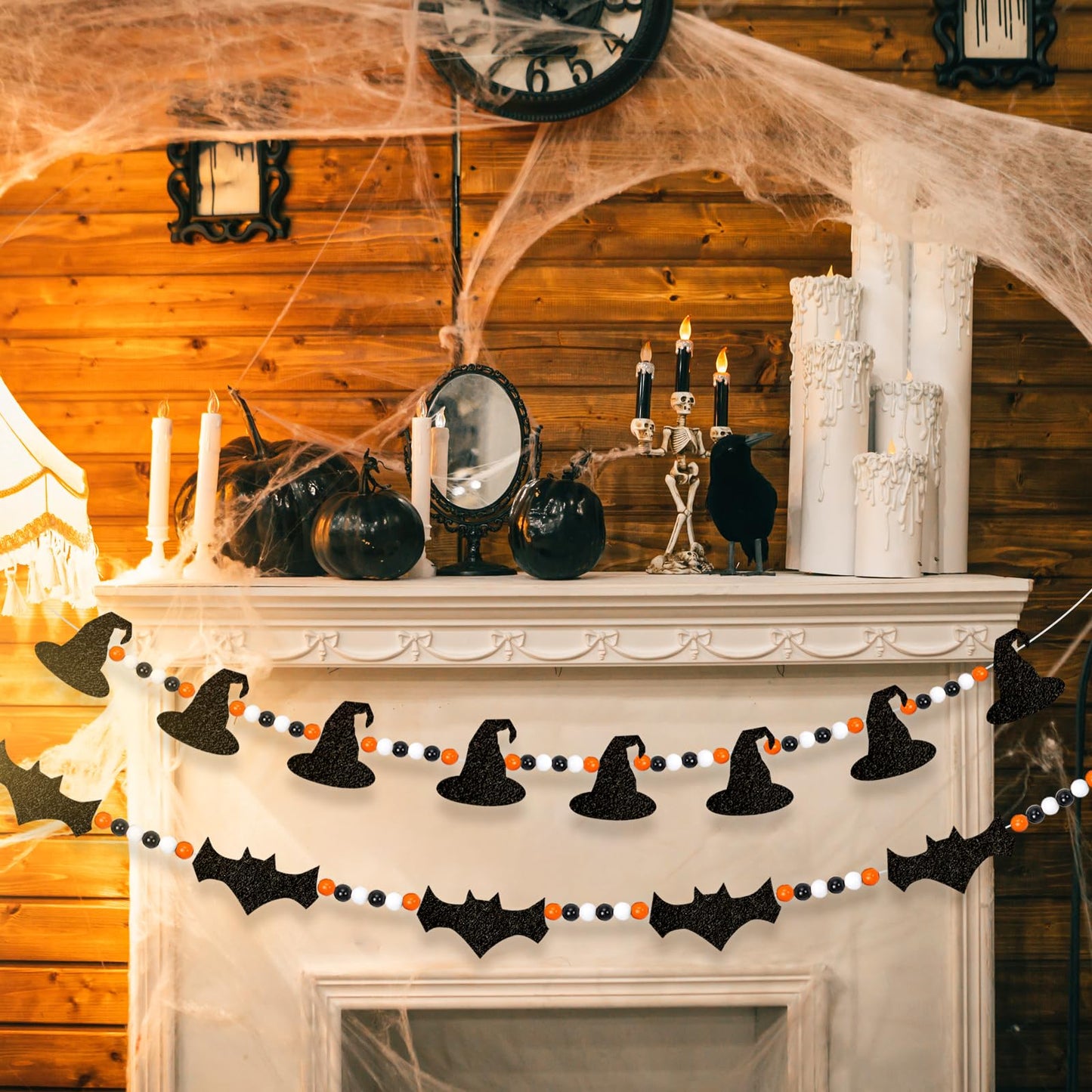XEFINAL 2 PCS Halloween Felt Bats Witch and Wood Beads Garland Halloween for Mantle Garland Banner Decor Indoor Outdoor Haunted House Decoration